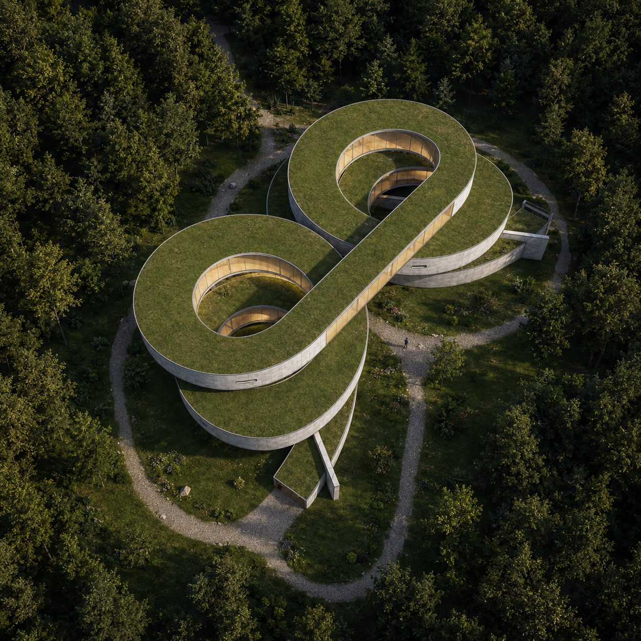 Aerial view of a modern, circular building with a green roof shaped like the infinity symbol, surrounded by trees and walking paths.