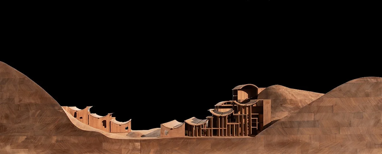 Wooden skateboard ramp with multiple curved hills and a carved out area, set against a black background.
