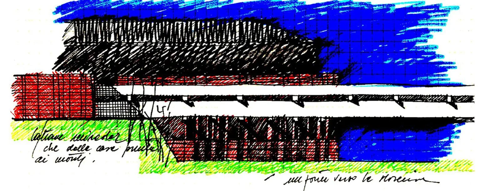 Abstract sketch of a building with colored sections in black, blue, red, and green, with handwritten notes in Italian.