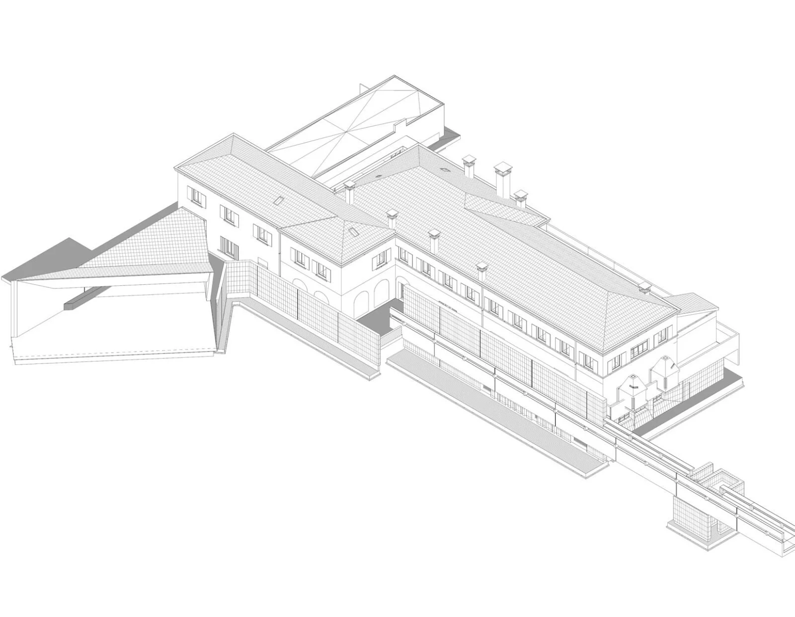 A detailed grayscale architectural drawing of a large multi-story building with a sloped roof, multiple chimneys, and surrounding infrastructure, including a fence and a covered area.
