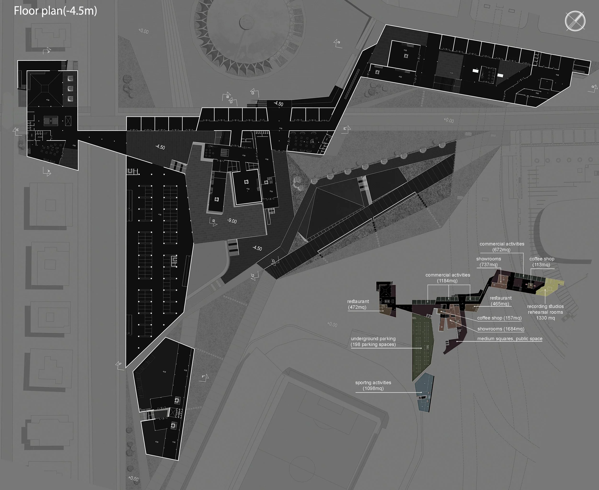 A detailed architectural plan of a building complex showing multiple levels, outdoor spaces, parking areas, and labeled sections indicating different activities and spaces like showrooms, coffee shops, restaurants, and recreational areas.