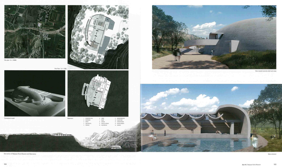 Page layout showing architectural plans, models, and renderings of a museum or cultural center, including site plans, interior layouts, conceptual models, and exterior views, such as a main entrance with a pool.