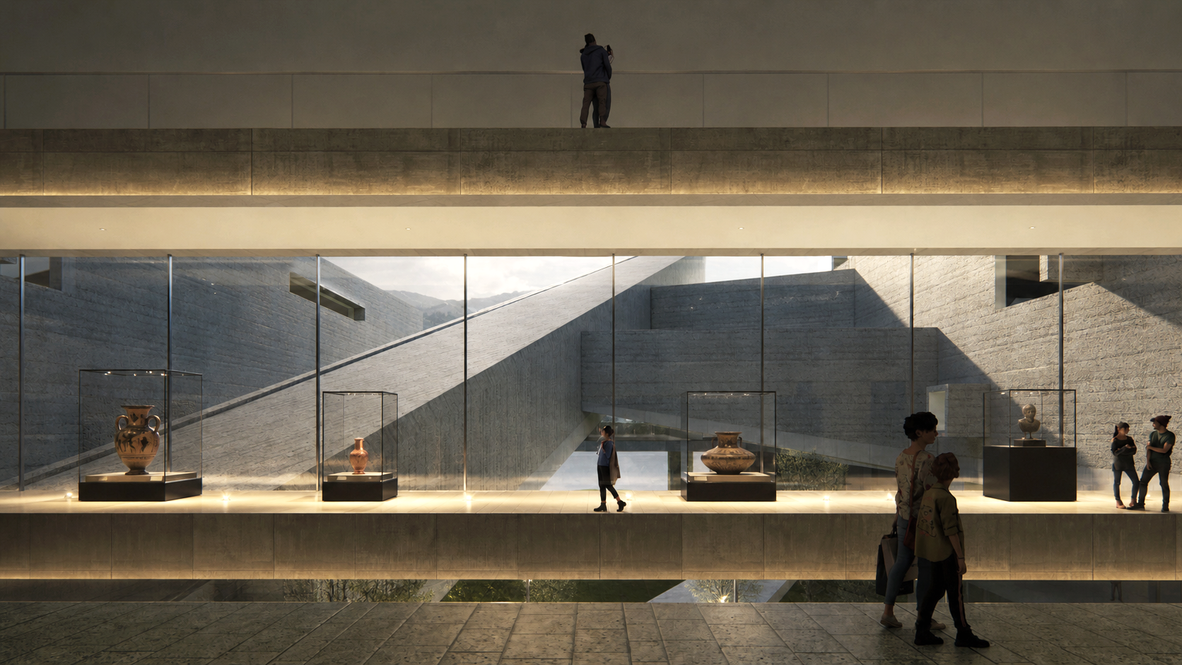 Modern art museum interior with sculptures displayed in glass cases, visitors walking and observing, concrete walls, large windows, and natural lighting.