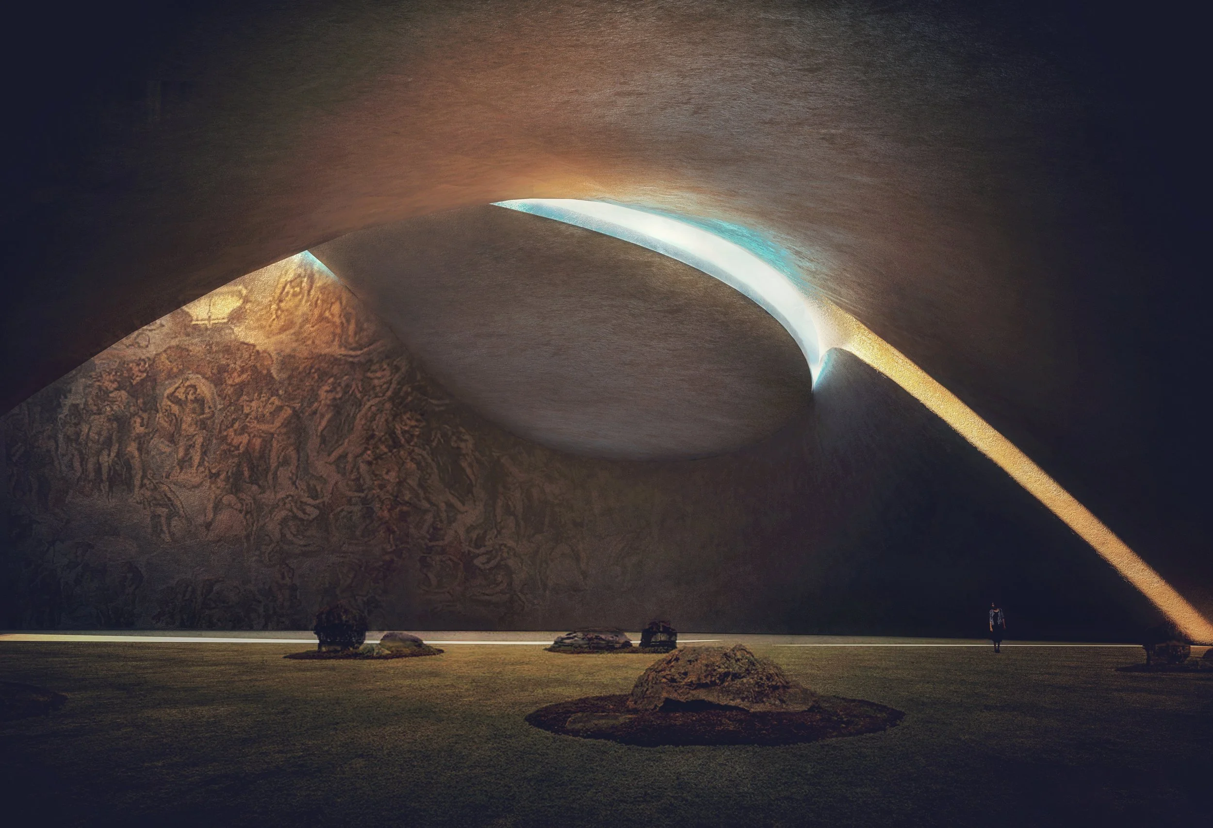 A modern architectural structure with a large, sweeping curved ceiling and artificial lighting, located in an open outdoor area at night, with a person walking and rocks on the ground.