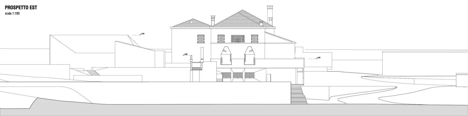 Architectural blueprint of a multi-level house with a sloped terrain, stairs, and various windows and chimneys, labeled 'PROSPETTO EST' and a scale of 1:100.