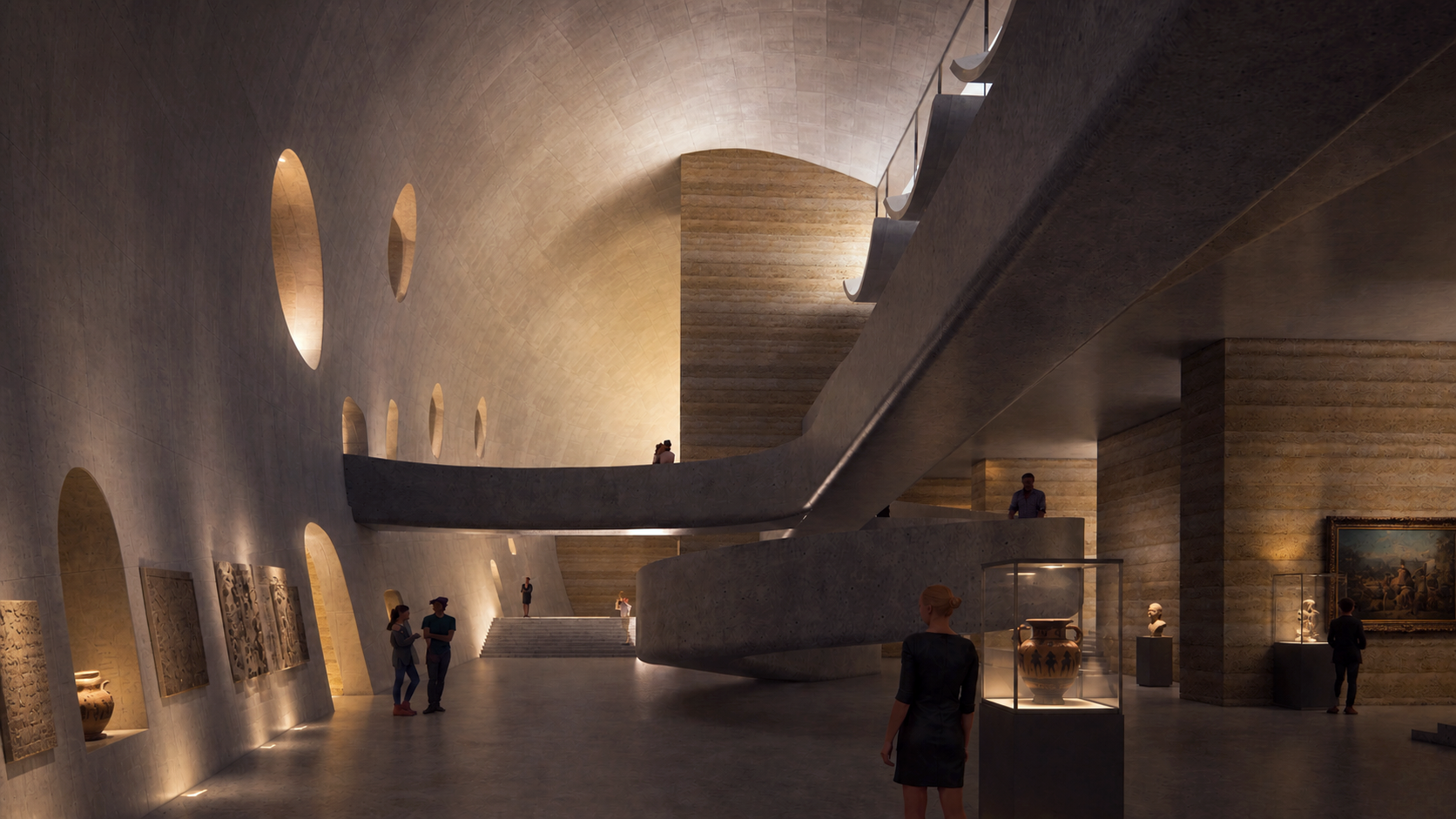 Interior of a modern museum with curved concrete walls, circular windows, and sculptures and artworks on display, with visitors exploring the space.