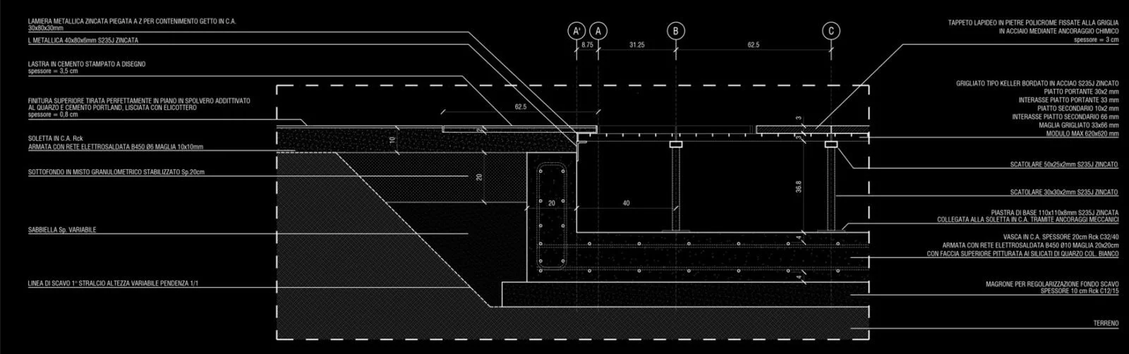Technical architectural drawing of a reinforced concrete structure with detailed annotations in Italian, including measurements and material specifications.