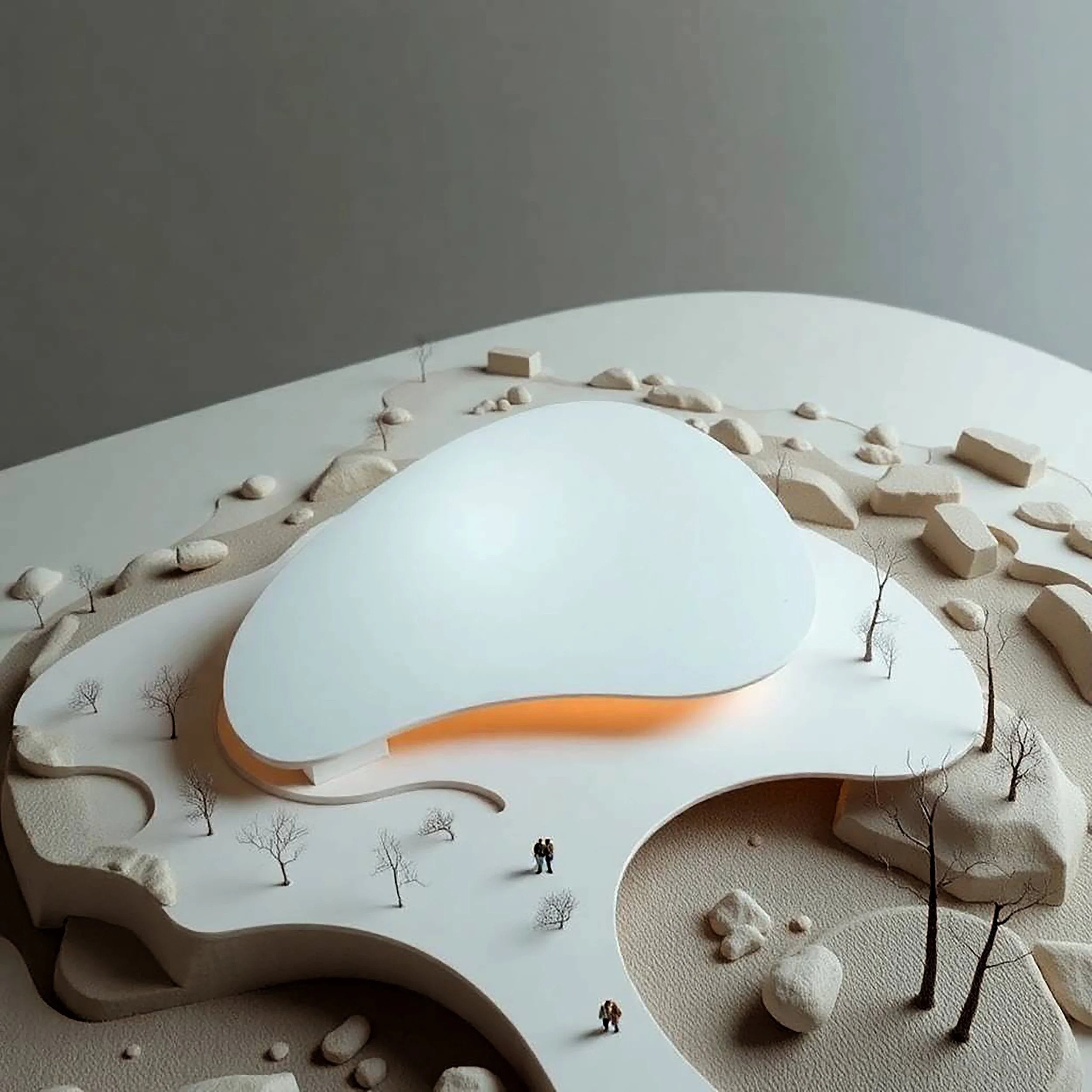 A landscape architectural model with white terrain, scattered rocks, roads, small leafless trees, and two tiny human figures, set against a gray background.
