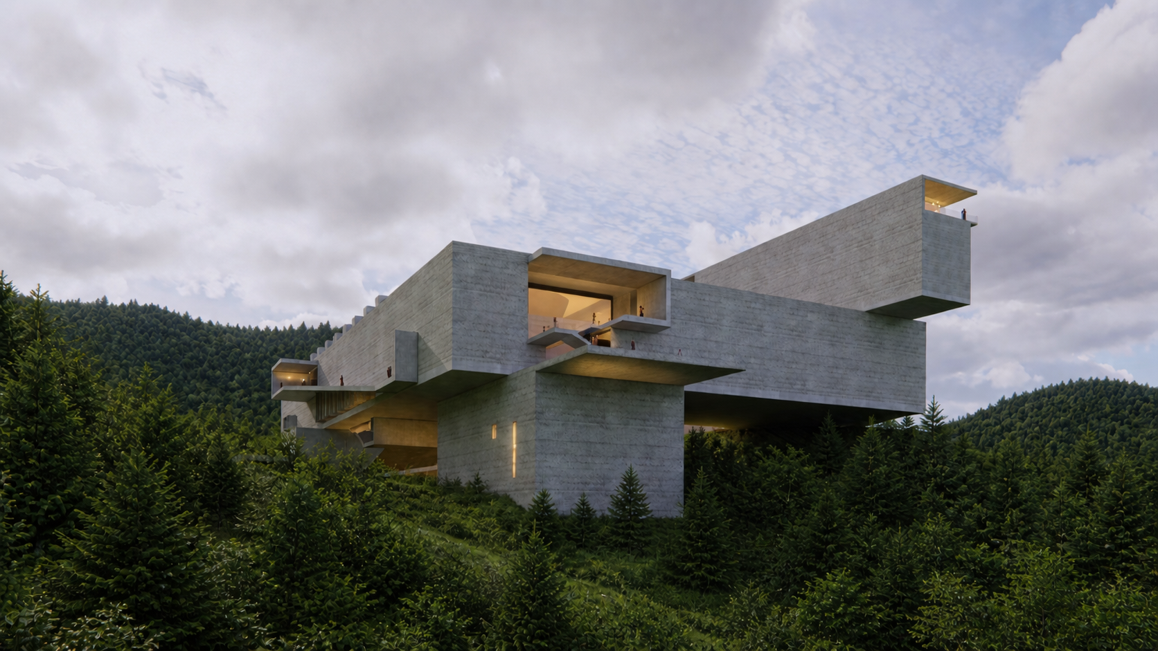 A modern concrete building with angular, horizontal and vertical shapes set against a backdrop of green hills and a cloudy sky.