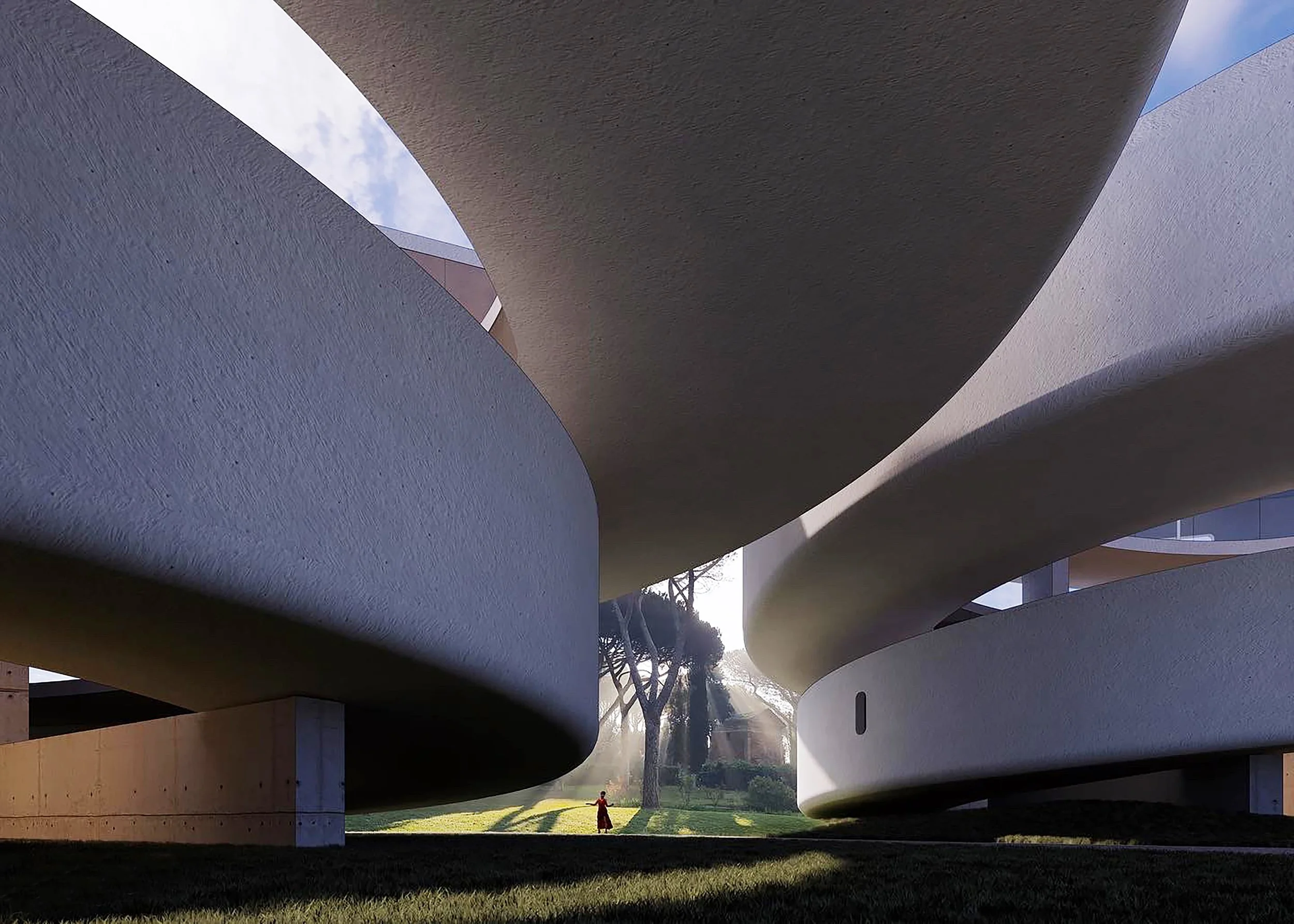 An architectural structure with large, curved concrete walls creating a sheltered space with grass and trees outside, and a person in a red dress standing beneath.