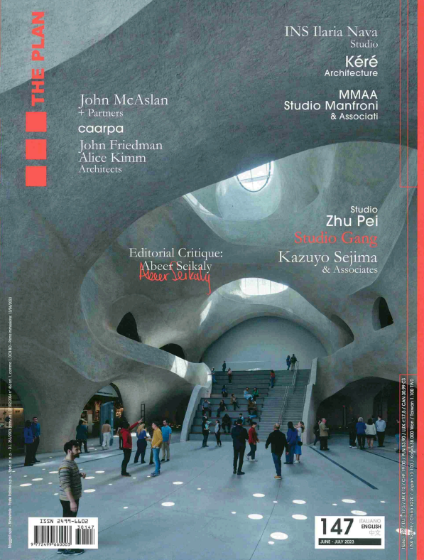 Magazine cover titled "The Plan" featuring architectural photos and names of architects and studios, with a large interior design of a modern building where people are walking and sitting.
