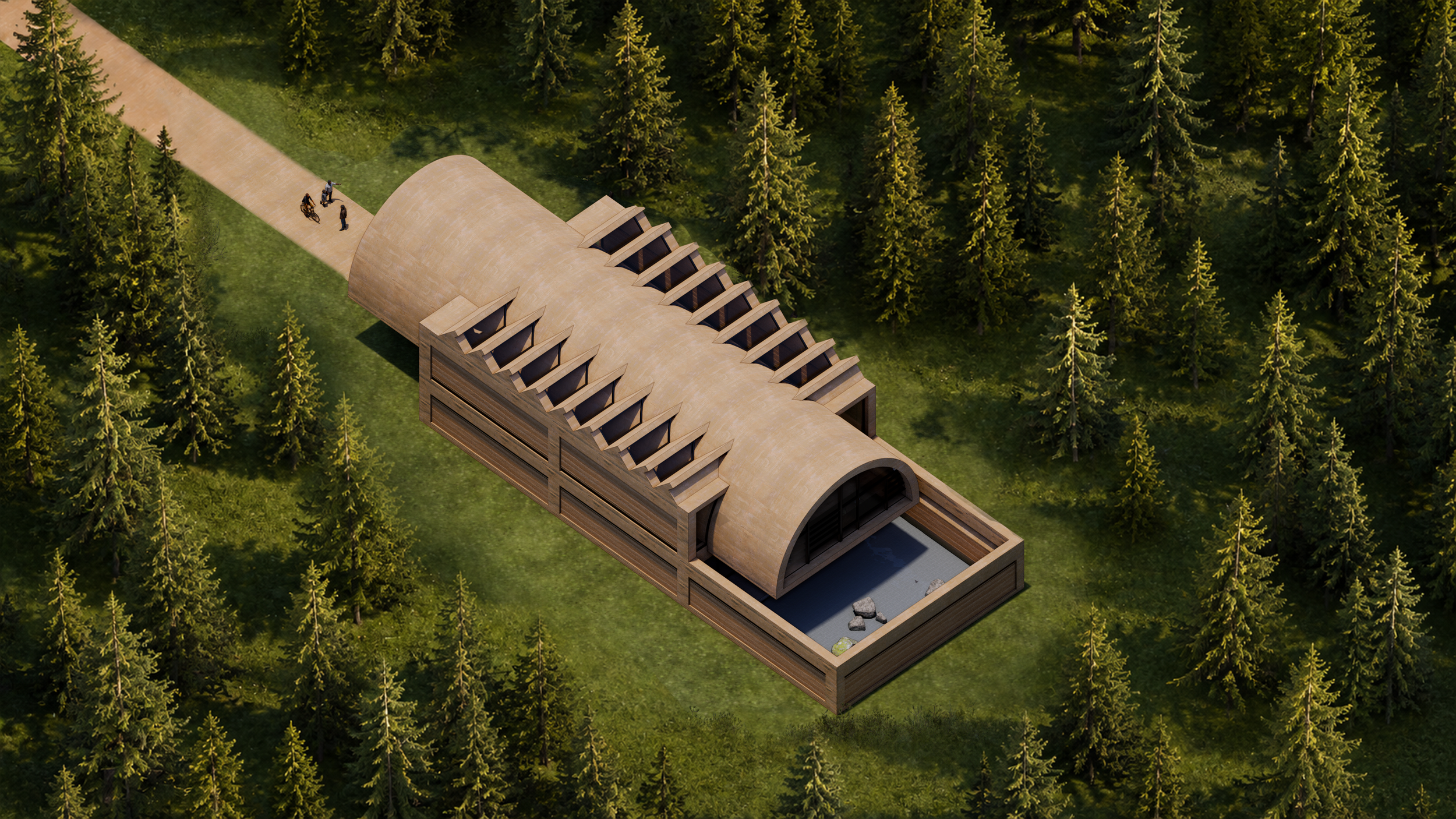 A modern eco-friendly building with a curved roof surrounded by trees in a forest, with people walking nearby