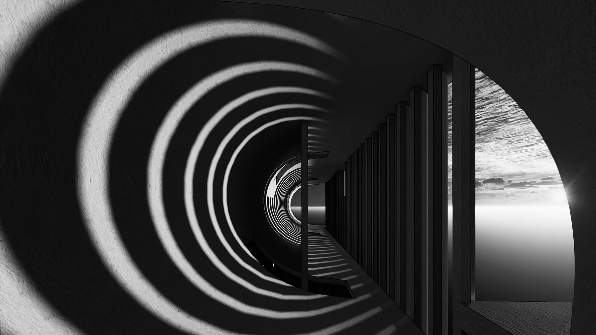 Black and white photo of a corridor with spiral concentric ring patterns on the wall on the left side, and vertical wooden slats on the right side leading to an opening that shows the sky with scattered clouds.