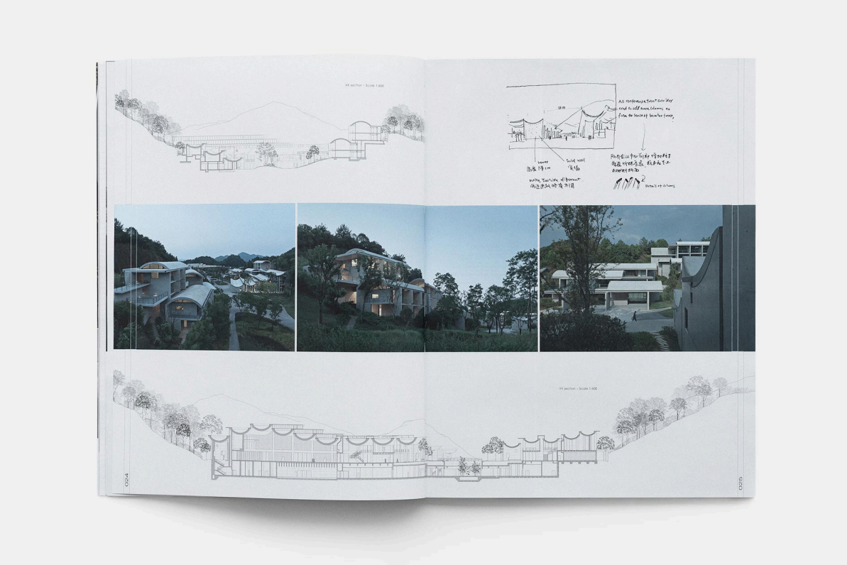 Architectural design layout with sketches and three photos of modern, tiered buildings set in a hilly, wooded landscape.