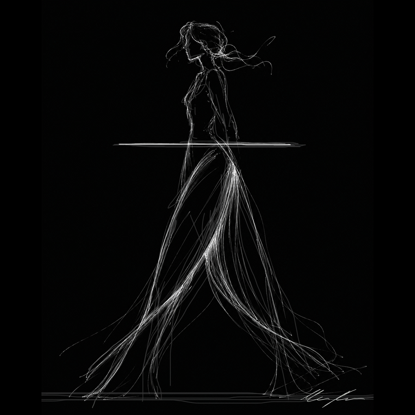 Stylized sketch of a woman walking, drawn with white lines on a black background.