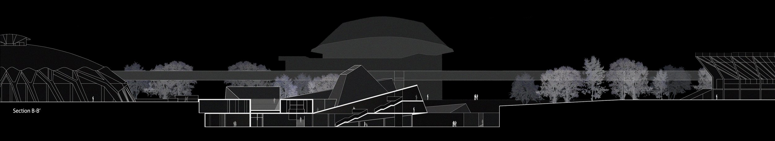 A black architectural drawing of a building section with trees in the background.