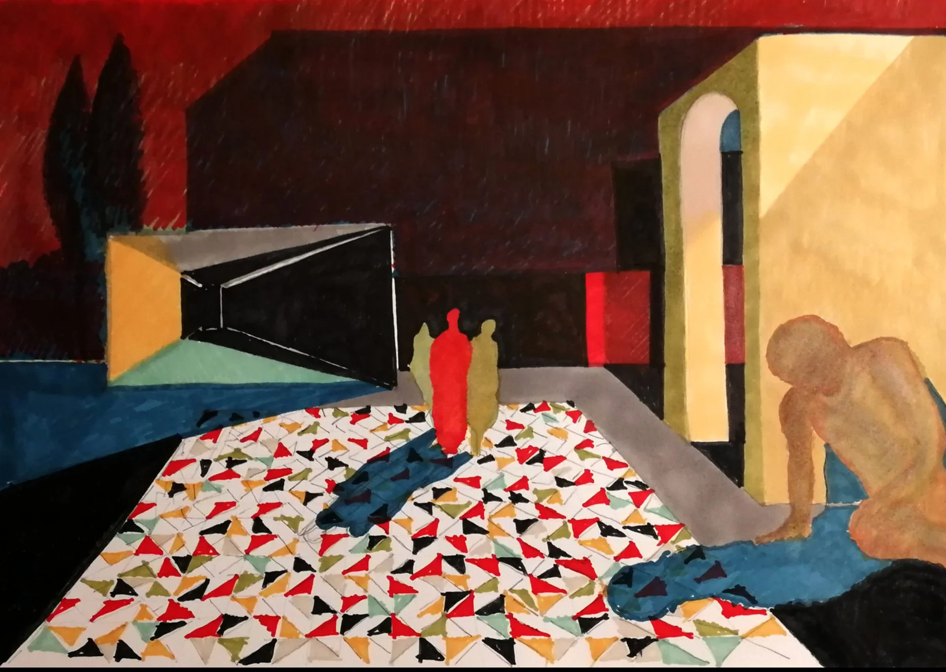 A colorful abstract painting depicting a room with patterned floor tiles, a table with objects on it, and two human figures in the background. The room has green, yellow, and red walls.