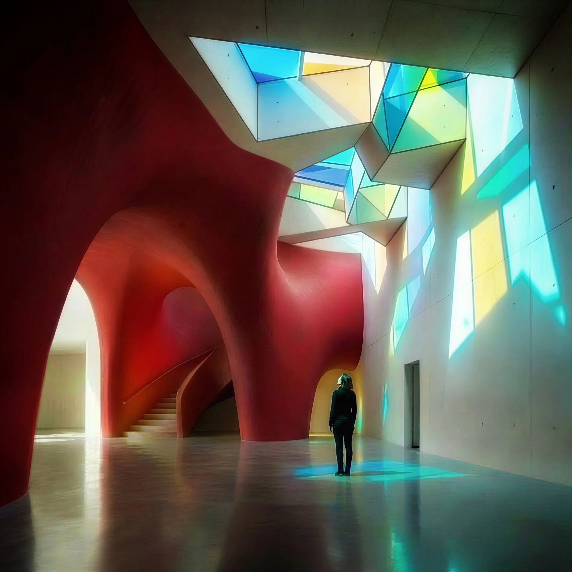 A modern interior with a colorful geometric stained glass ceiling, red curved walls, wooden staircase, and a person standing in the space.
