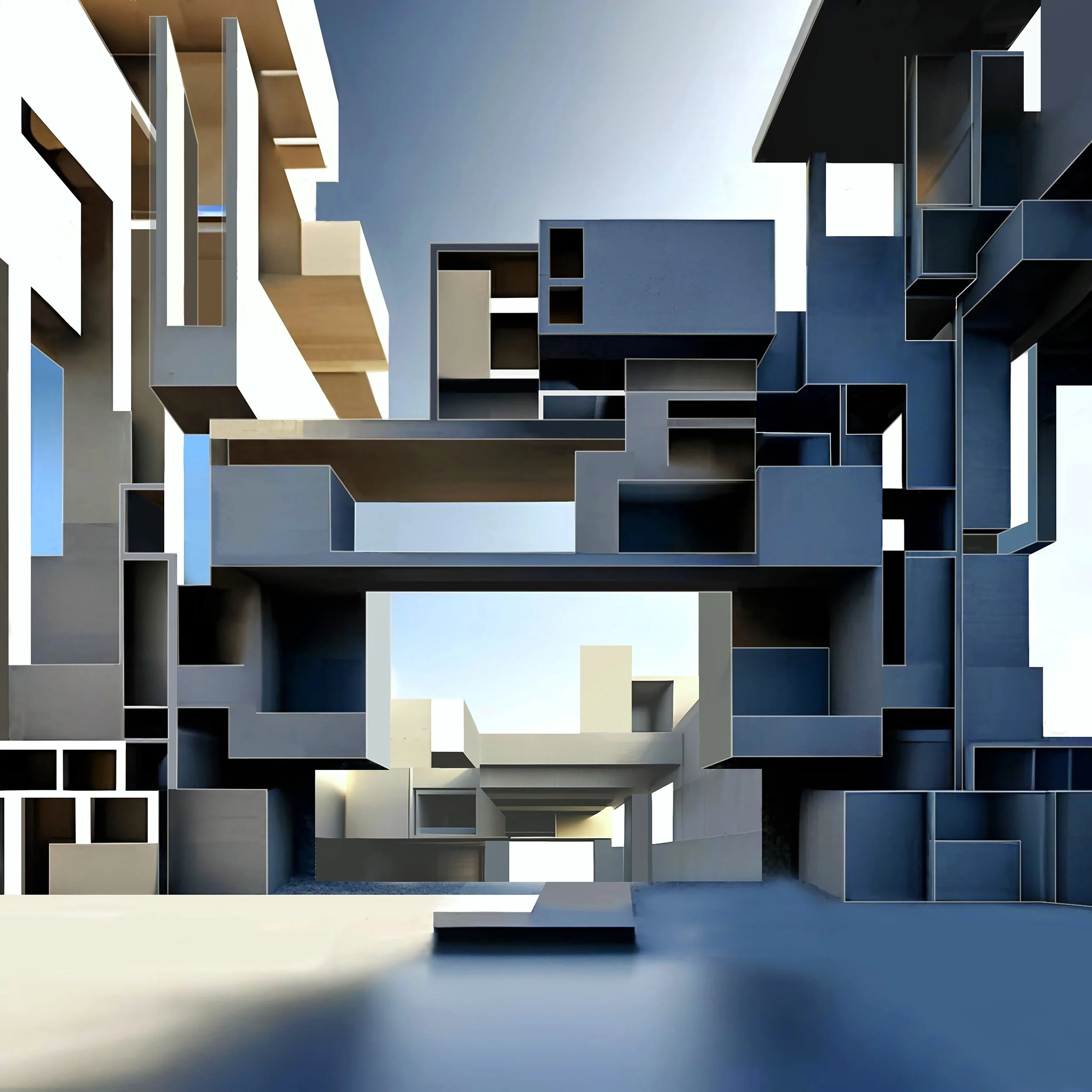Abstract architectural structure with geometric shapes and open spaces, featuring a bright sky background.