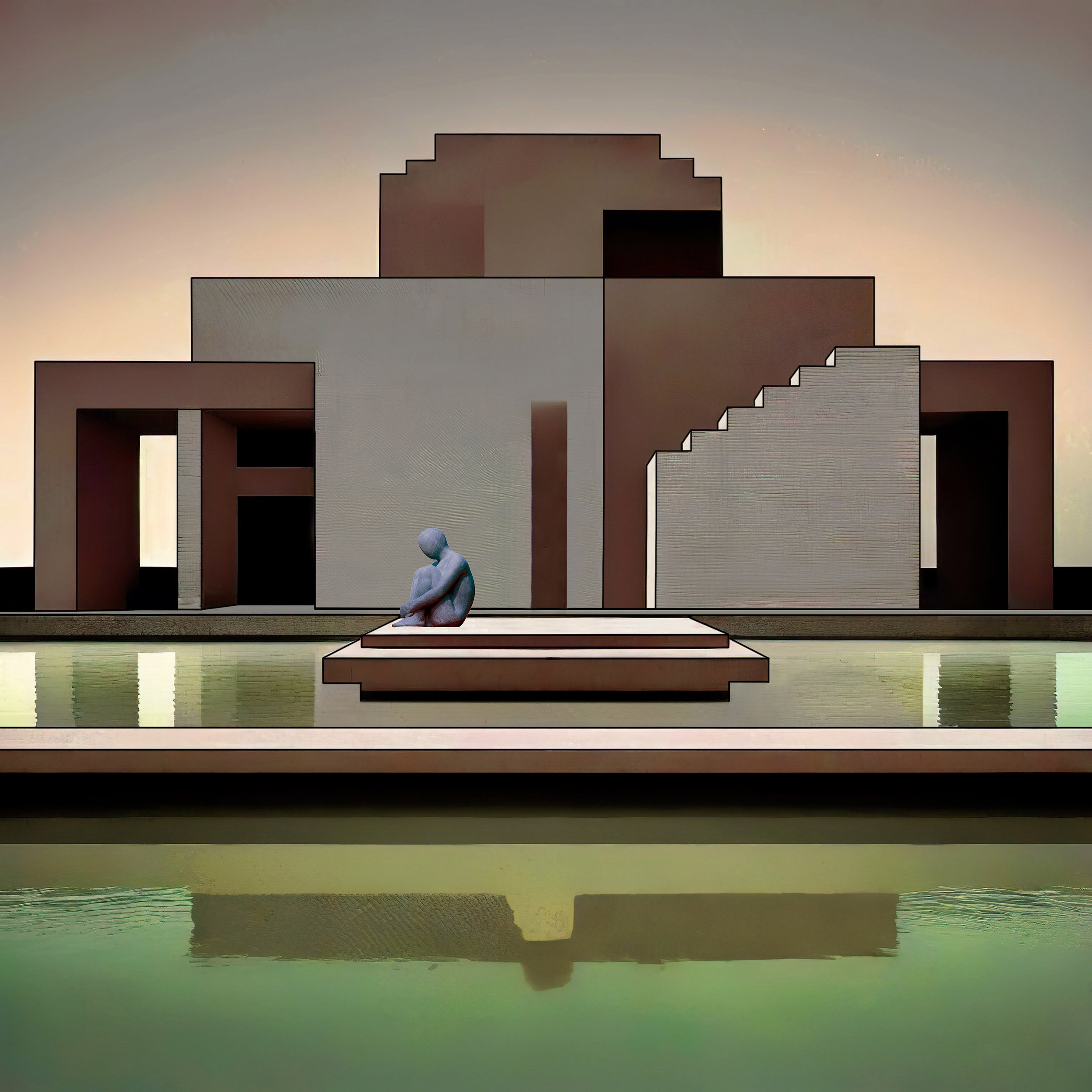 A small sculpture of a seated human figure with a reflective surface, sitting in front of a large abstract geometric structure with stair-like protrusions, under a dimly lit sky with a subtle gradient from dark to light.