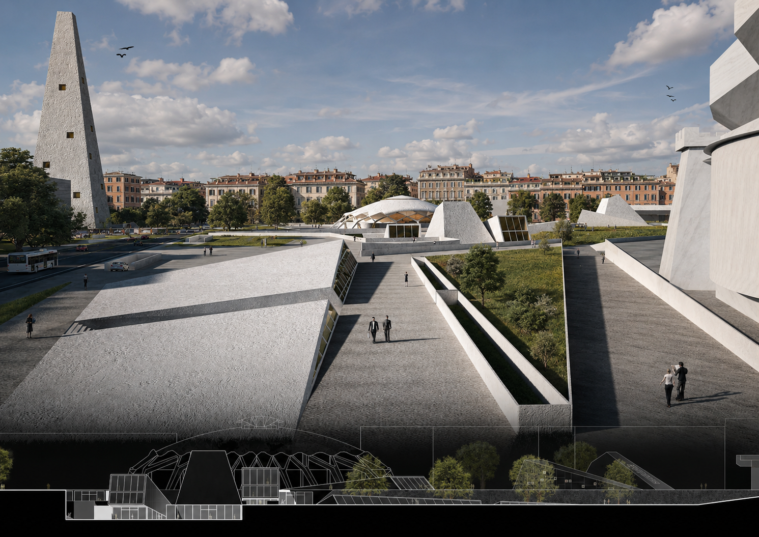 A modern architectural design of a public space with large, geometric white structures, landscaped green areas, walkways, and a domed building in the background, set against a cityscape with residential buildings and a partly cloudy sky.