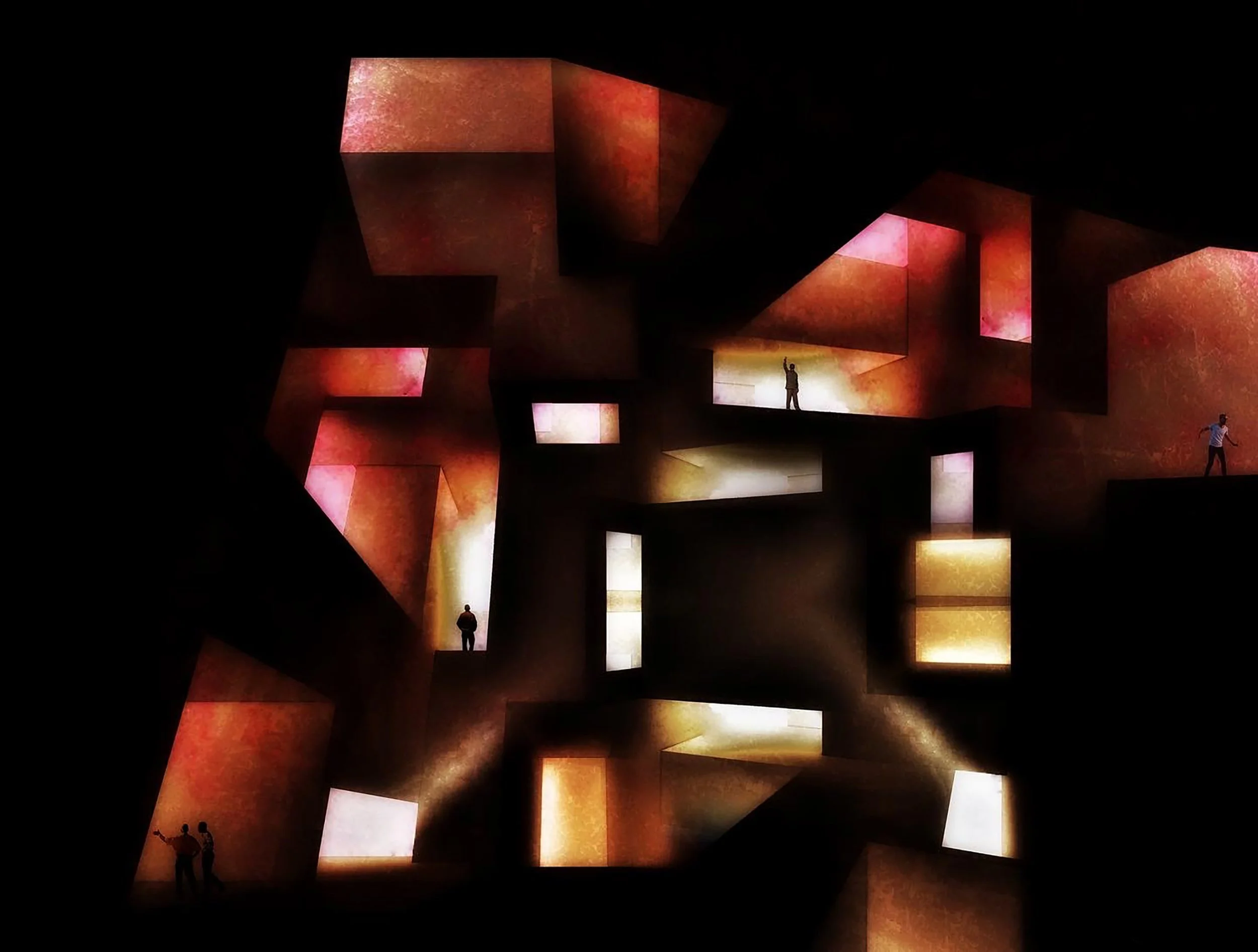 Dark room with illuminated geometric wall panels in shades of red, orange, and yellow, and silhouettes of people standing and walking.