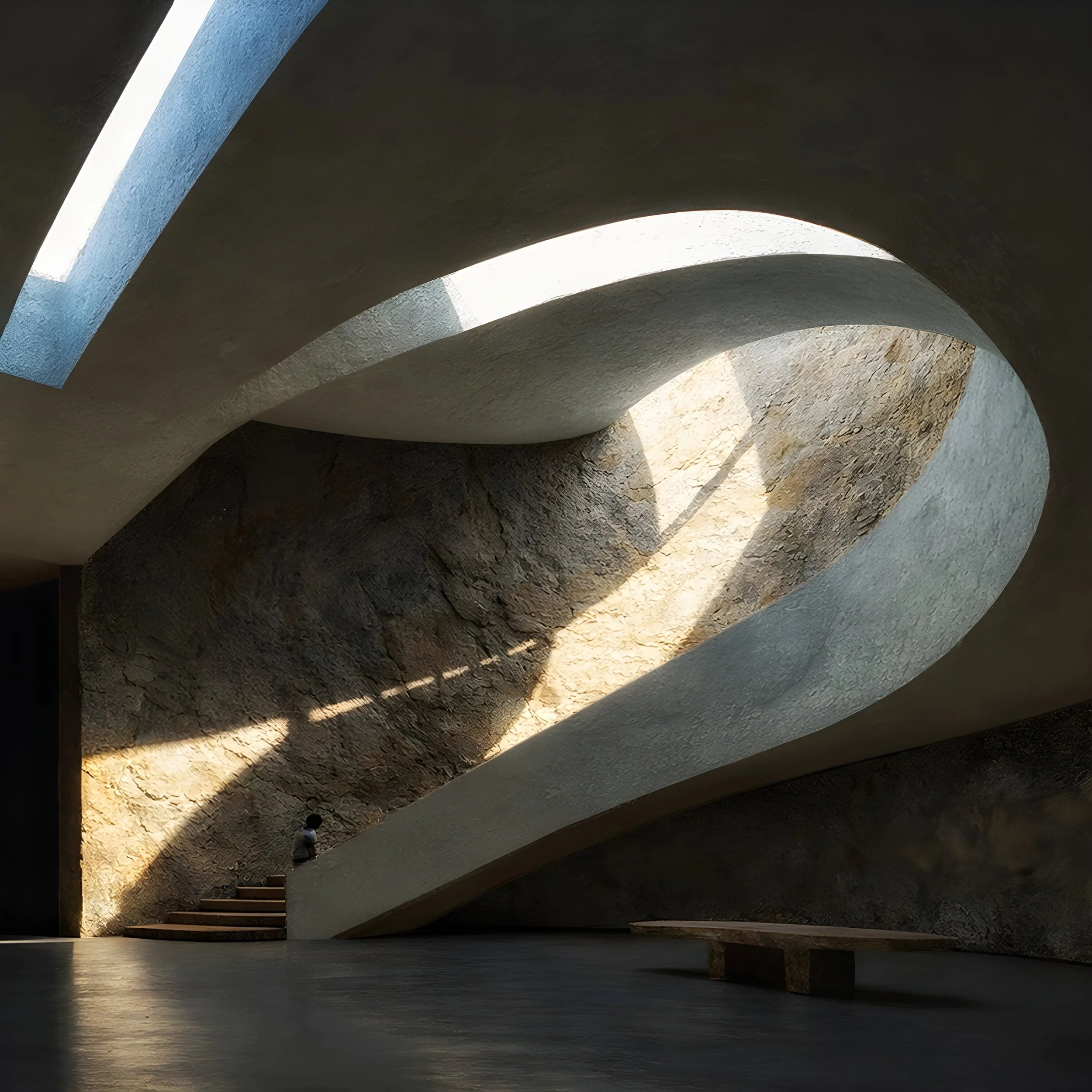Interior of a modern building with curved white walls, sunlight streaming through an opening, a staircase, and a person sitting on the floor.
