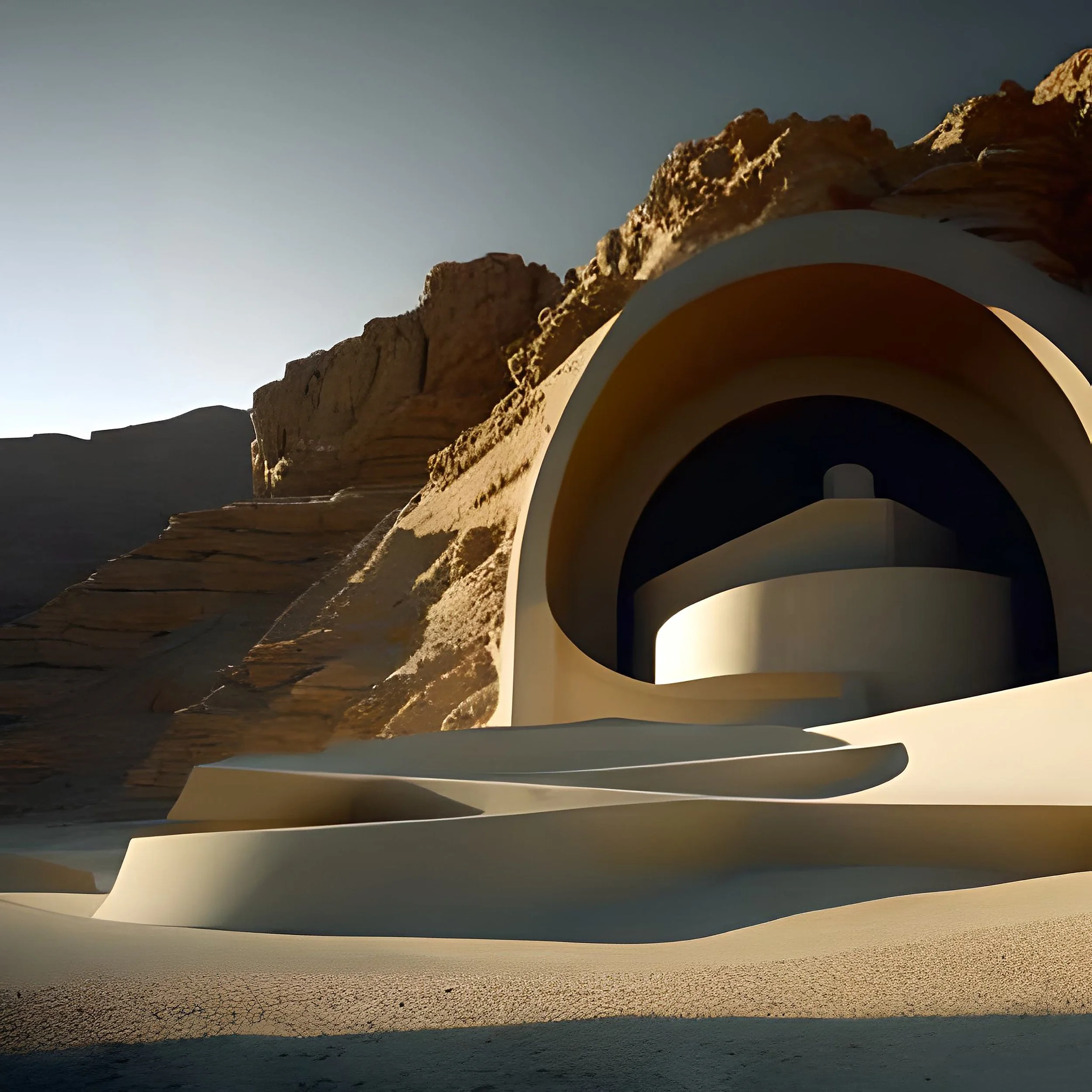Photo of a large modern architectural structure with curved, layered white concrete walls, set against a barren, cracked desert landscape, with rocky formations in the background under a clear sky.