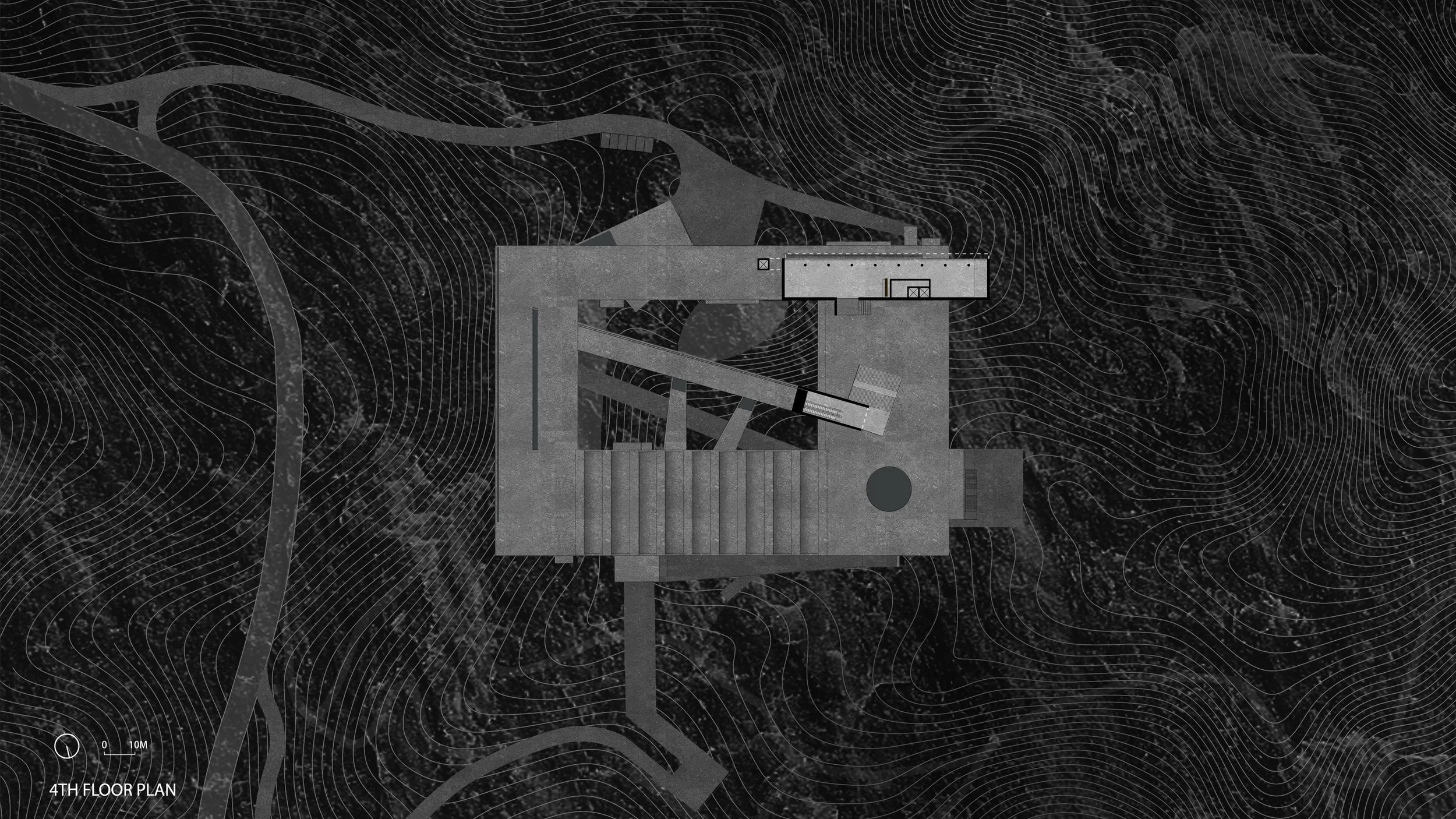 Top-down architectural floor plan of the 4th floor of a building with a dark topographical background, showing interior spaces, staircases, and structural details.