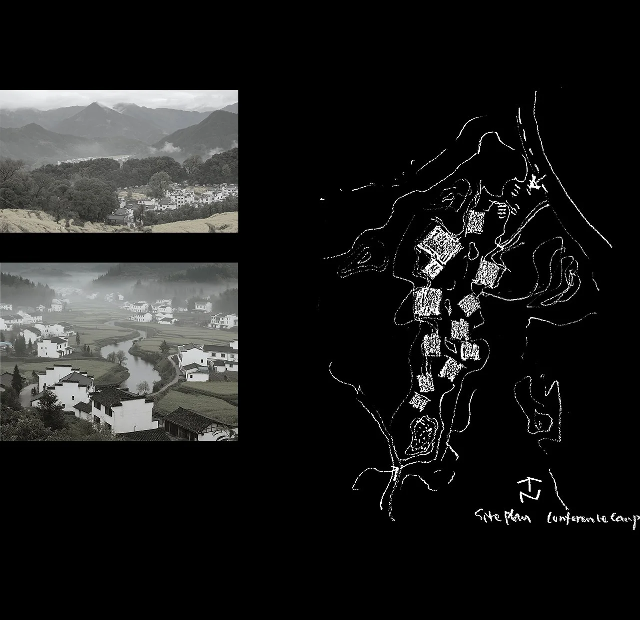 Comparison of two black and white landscape photographs of Chinese villages with a hand-drawn map in the center, depicting the regions as a simplified outline of the area.