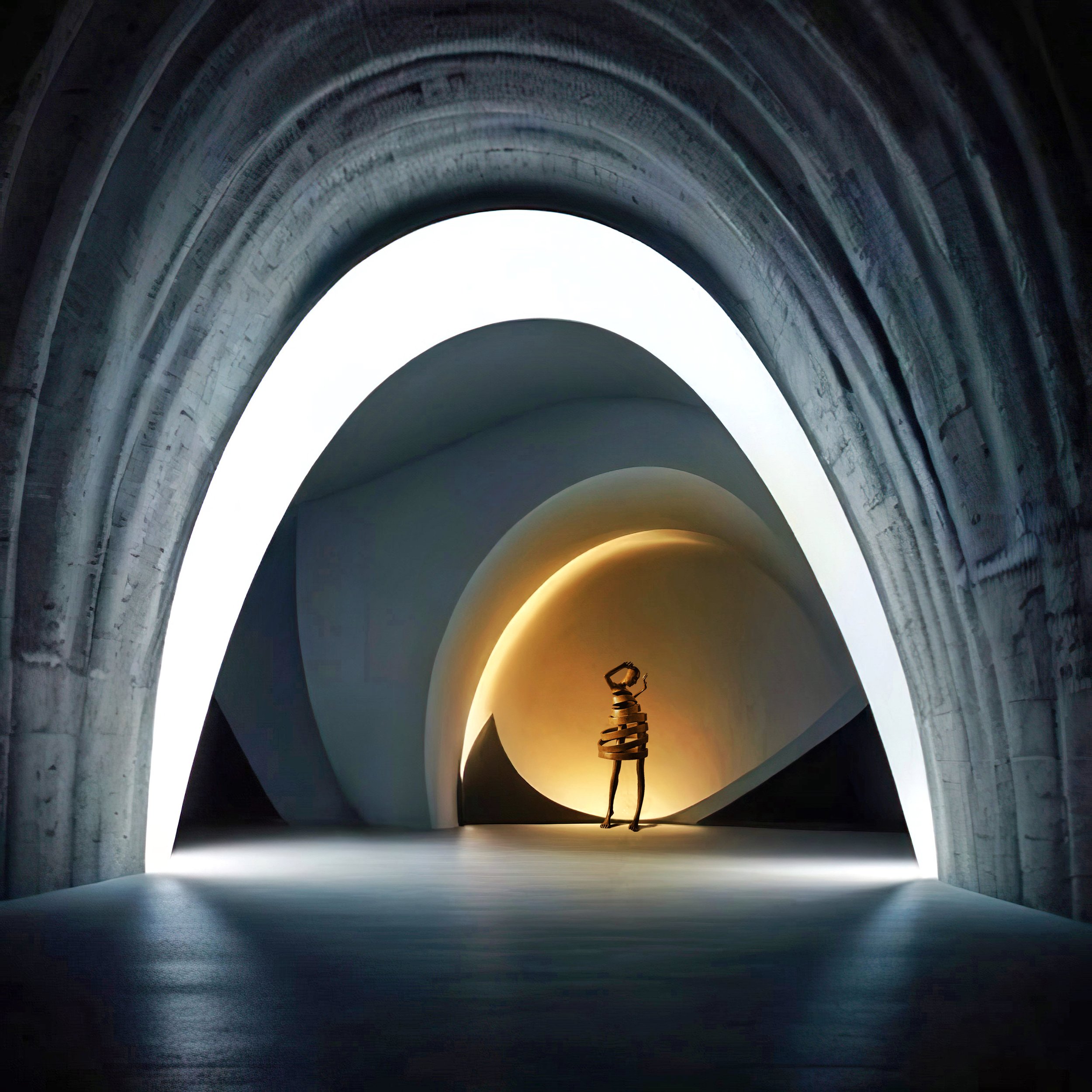 Underground tunnel with a spiral sculpture at the end, illuminated with warm lighting.