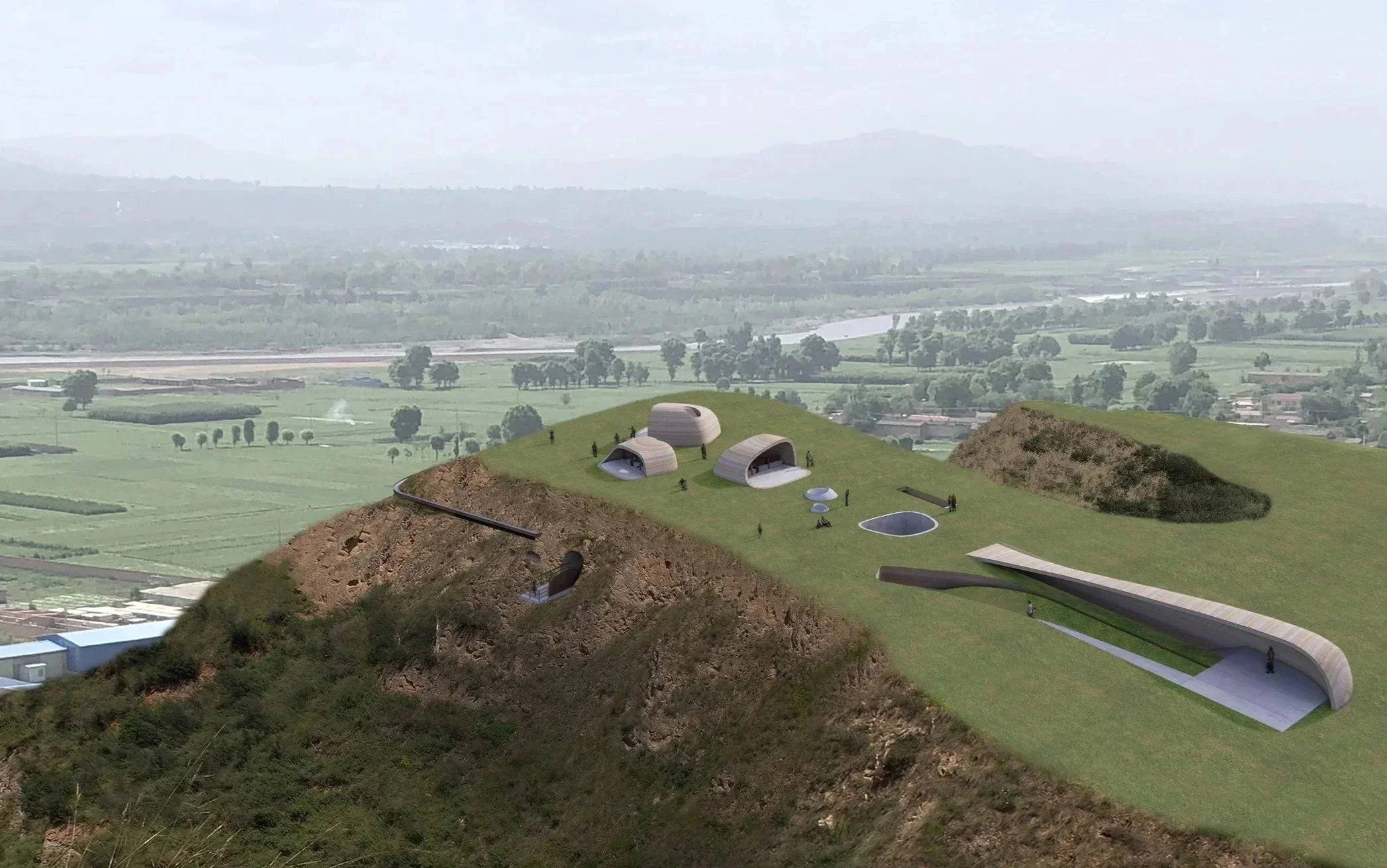 An artist's rendering of a futuristic hillside development with curved, dome-shaped buildings, a tunnel, and open green spaces, overlooking a lush valley with fields and trees.