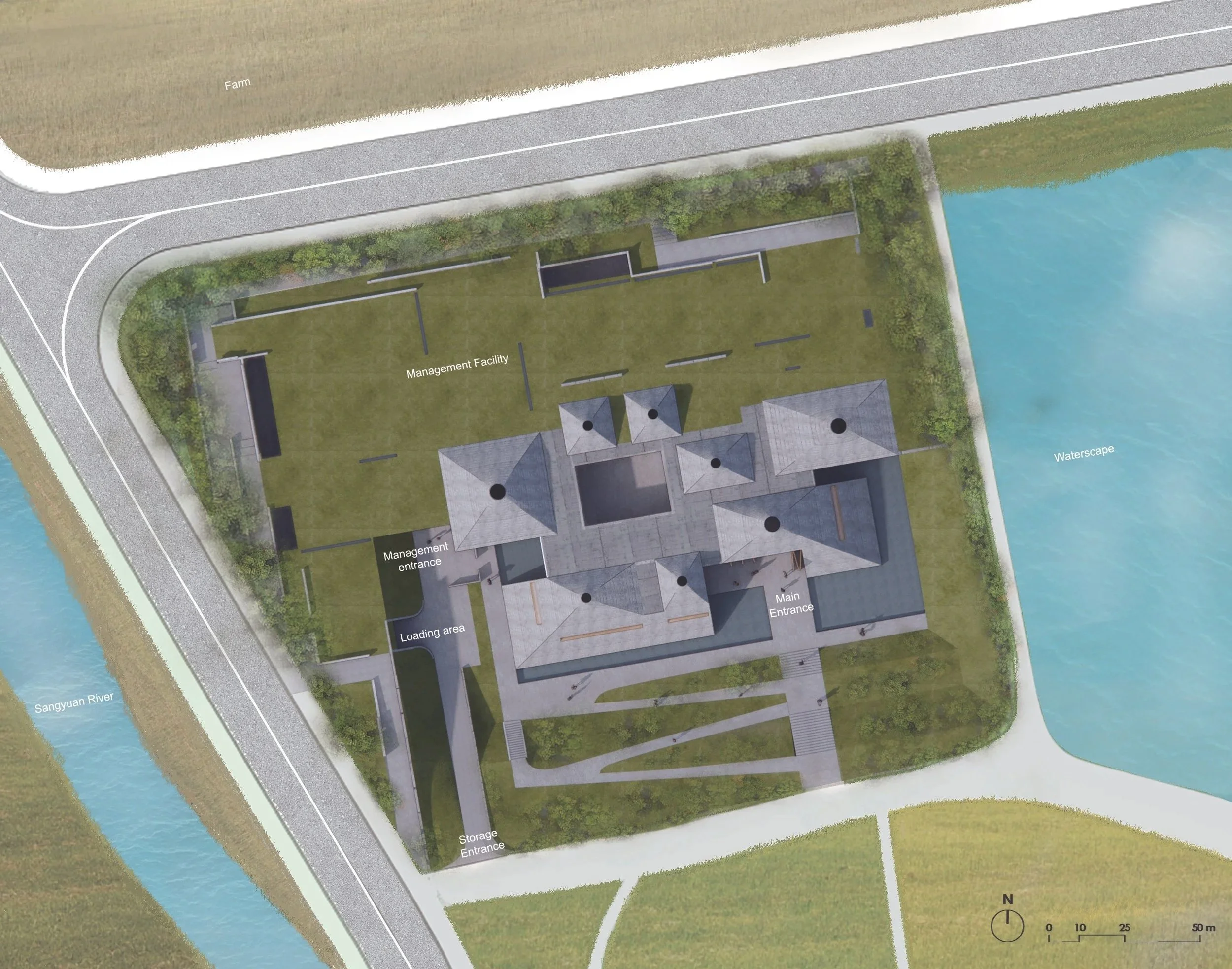 An aerial view of a landscape design plan showing a management facility, loading area, main entrance, storage entrance, and adjacent waterway, with labeled areas and roads surrounding the site.