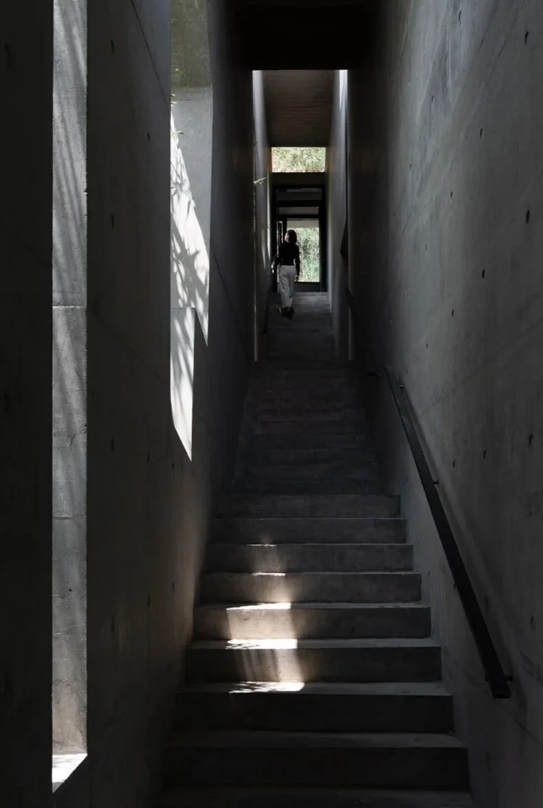 A narrow, concrete staircase with shadows on the steps, leading up to a person walking through a dimly lit corridor to an exit with daylight and greenery outside.