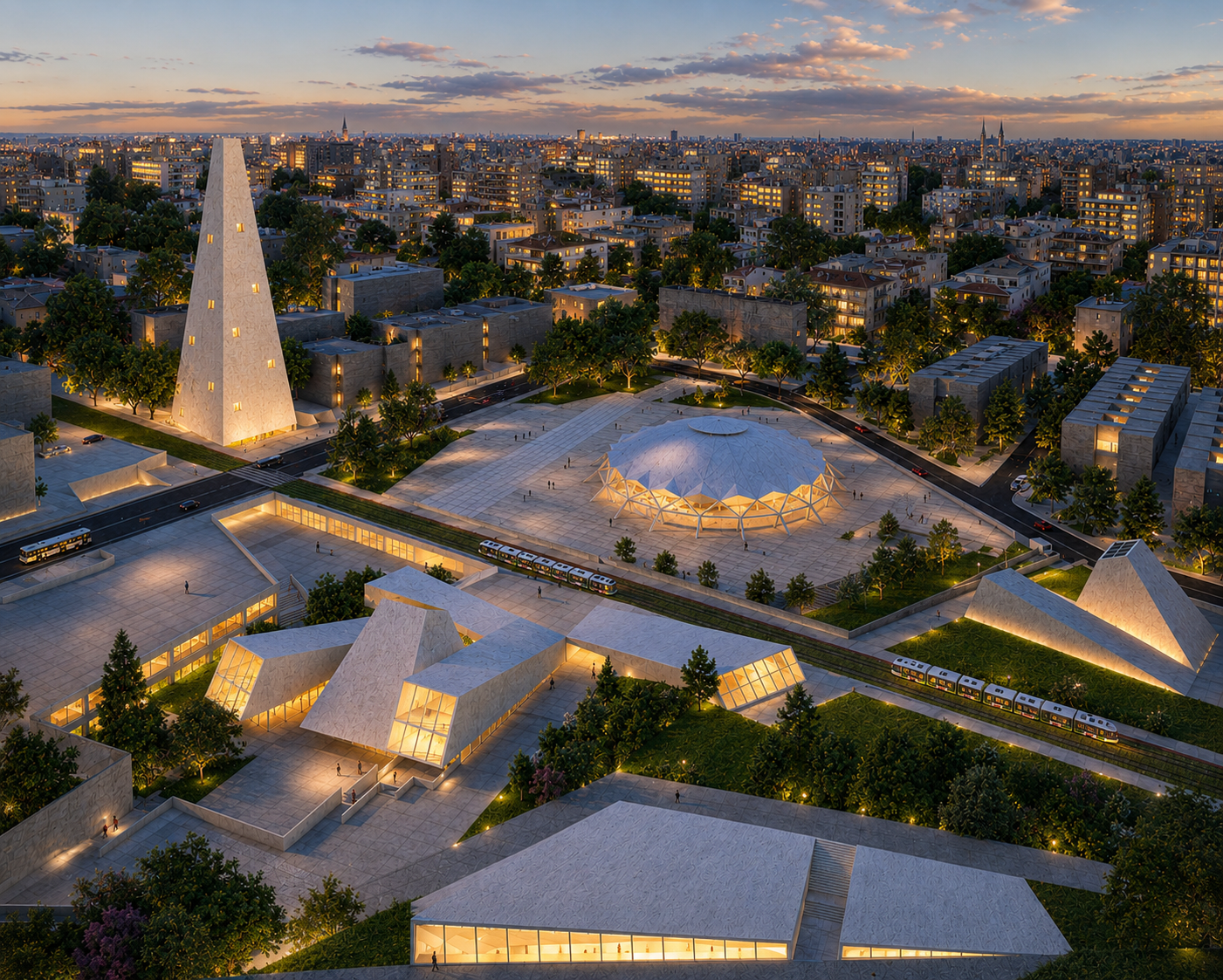 An aerial view of a city at sunset with modern architecturally unique buildings, including a tall, white, pyramid-shaped tower, a domed structure, and geometric shapes surrounded by trees and roads, with a skyline in the distance.