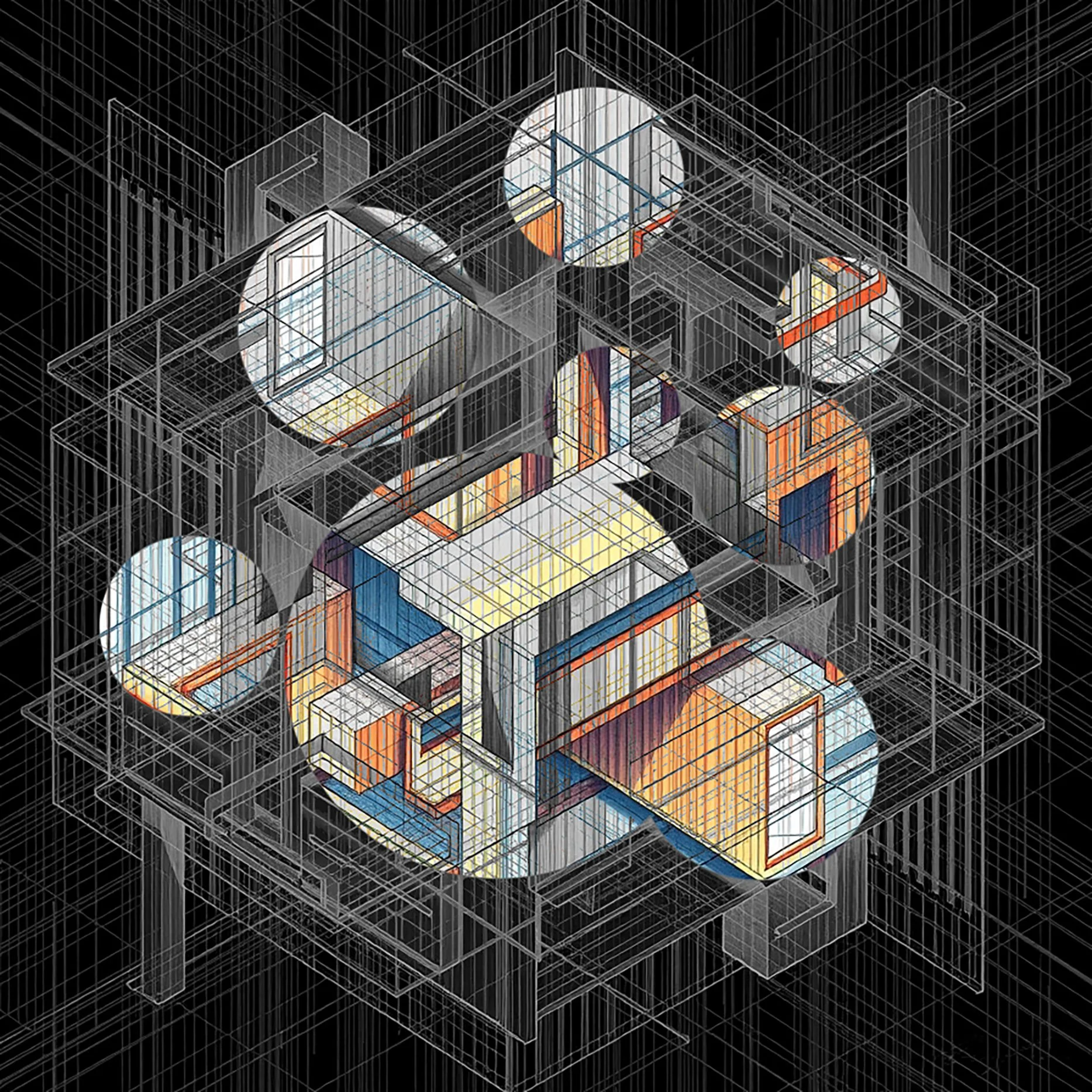 A digital 3D wireframe model of a building with colorful walls and geometric shapes seen from an angled perspective.