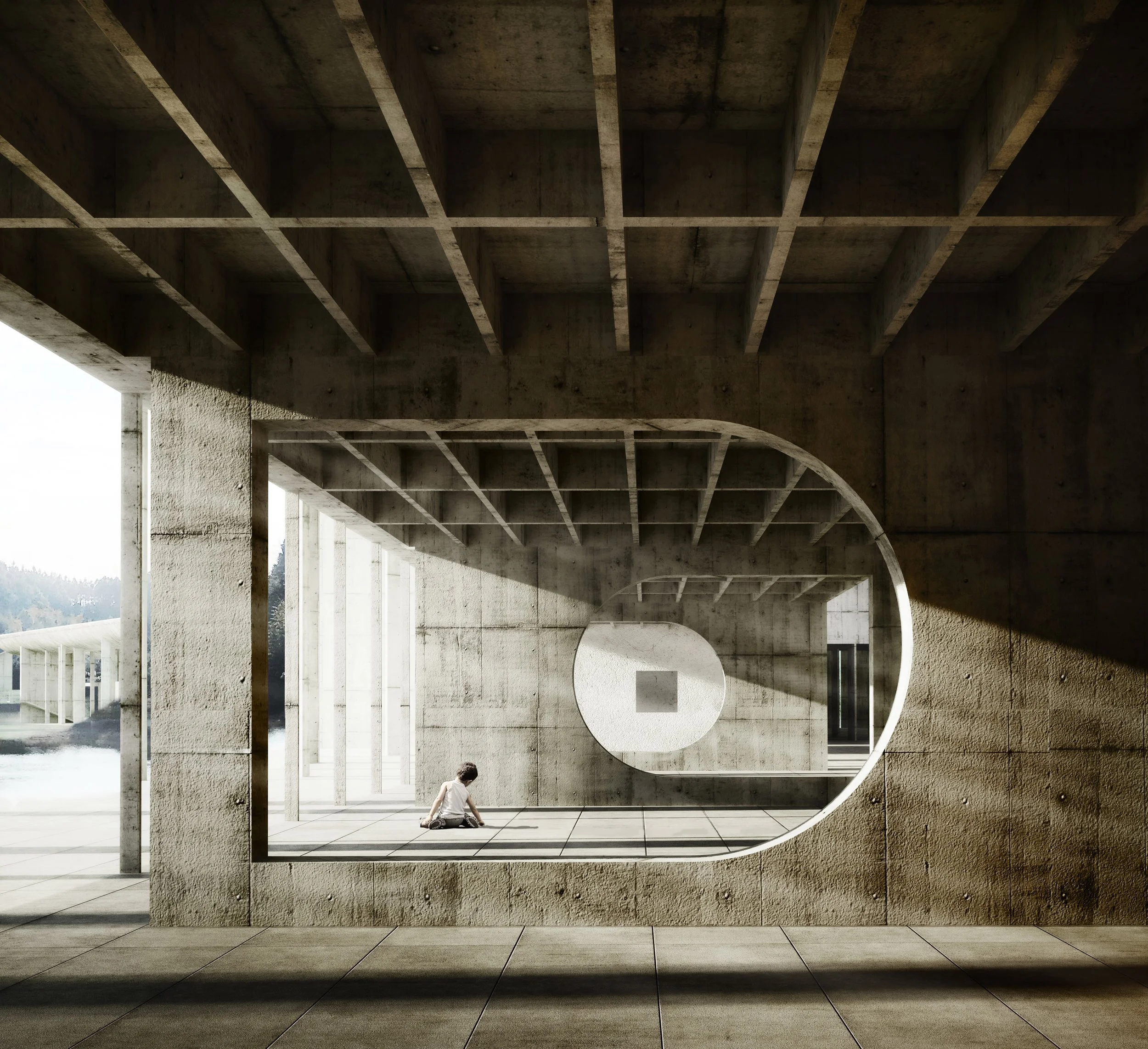 A boy sitting on the floor under a concrete structure with a geometric grid design, with the sky and trees visible in the background.