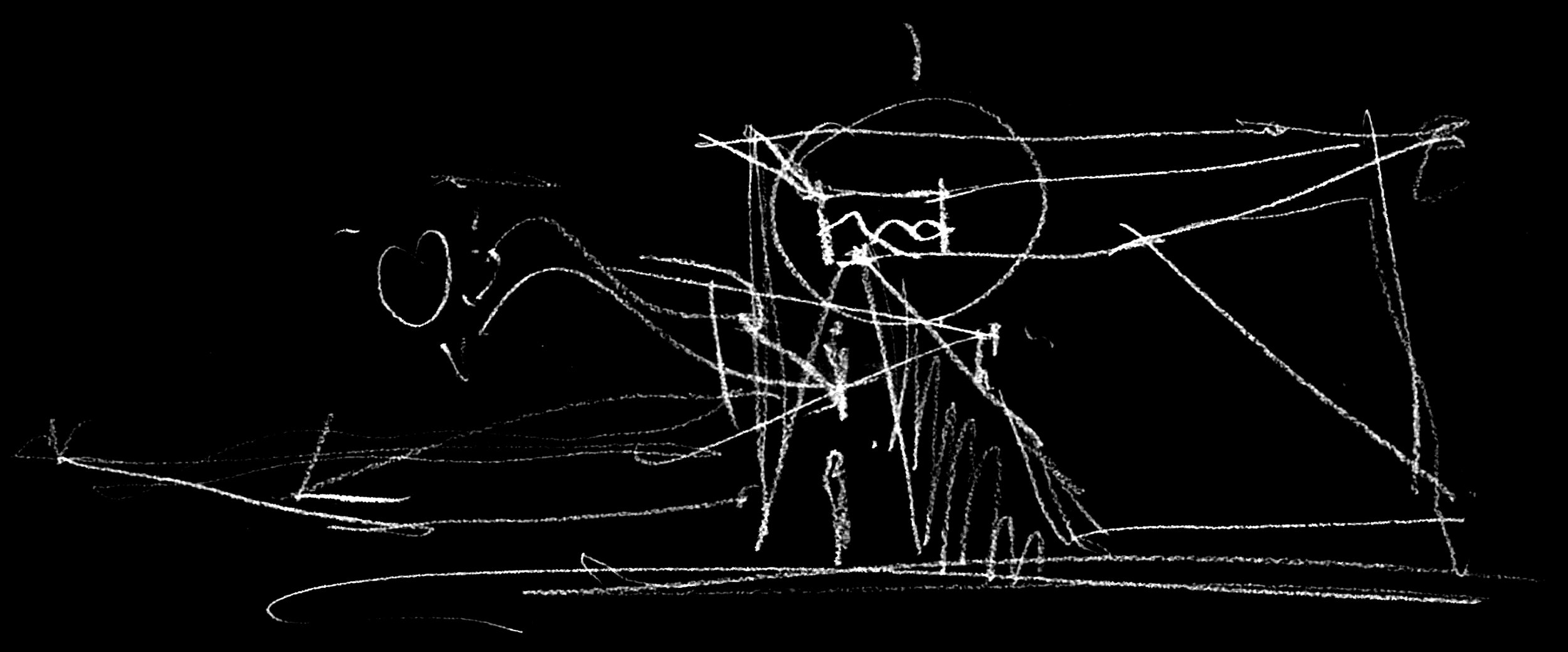 Abstract white scribbles and lines on a black background resembling a time-lapse of a painting or drawing process.