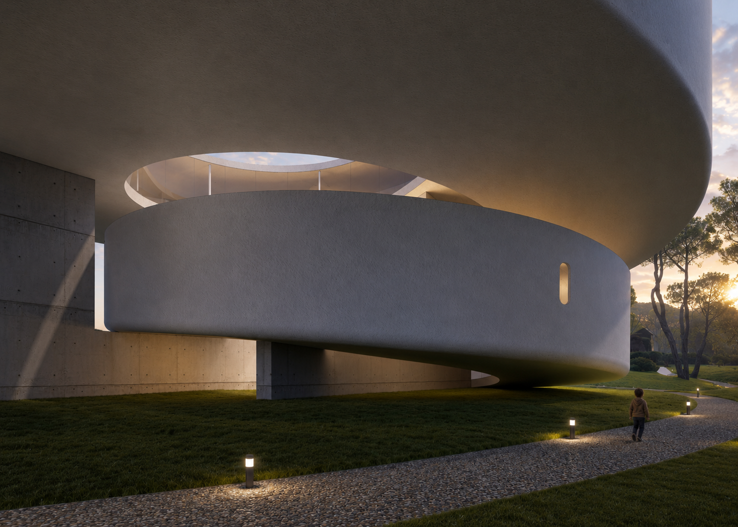 Modern architectural building with curved white concrete structures, illuminated pathway, and a child walking outside during sunset.