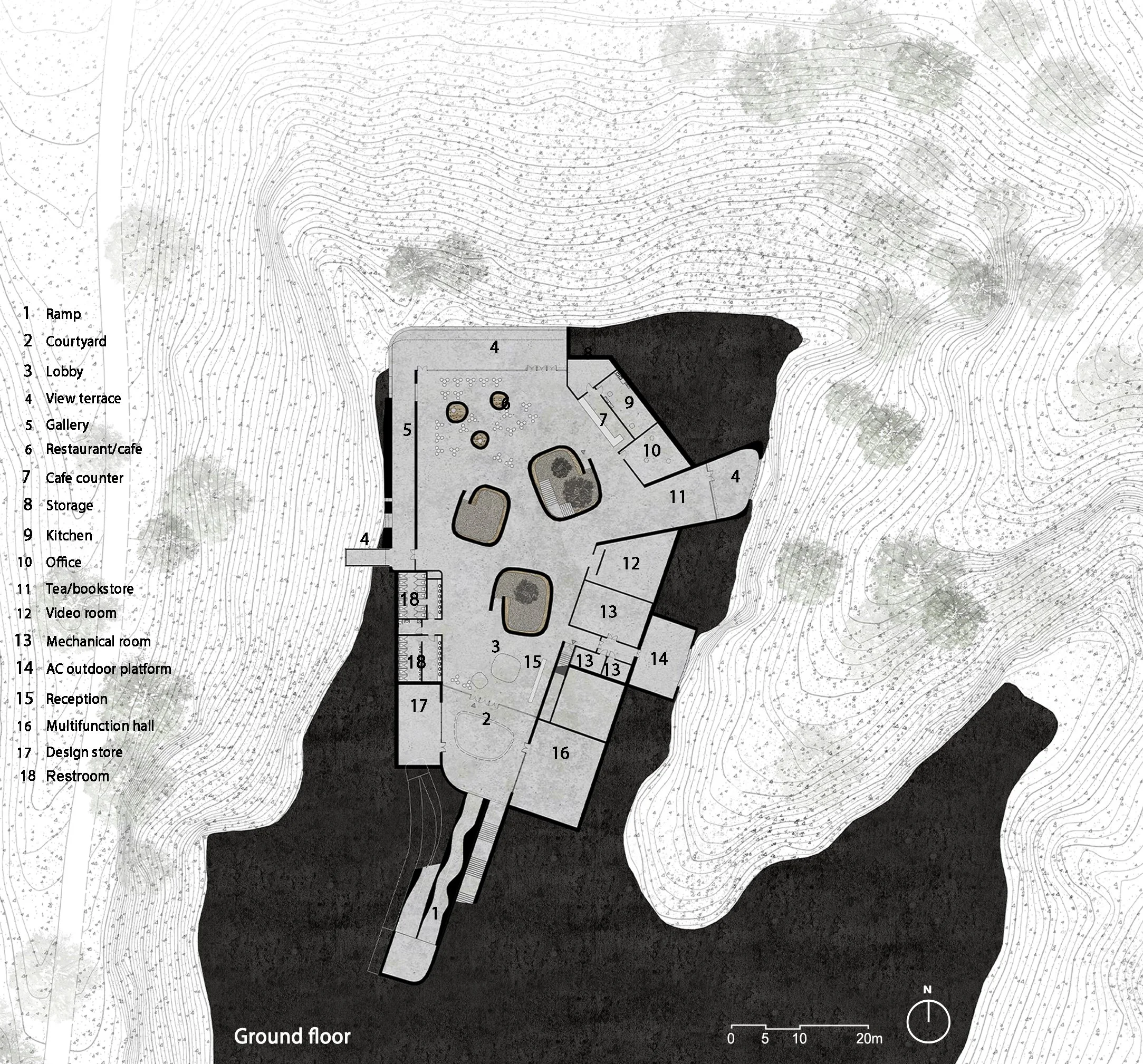 Architectural site plan of a building complex, showing landscape features, building layouts, and a legend with labels for different areas like ramp, courtyard, lobby, viewing terrace, gallery, restaurant/cafe, cafe counter, storage, kitchen, office, tea/bookstore, video room, mechanical room, outdoor platform, reception, multifunction hall, design store, and restroom.