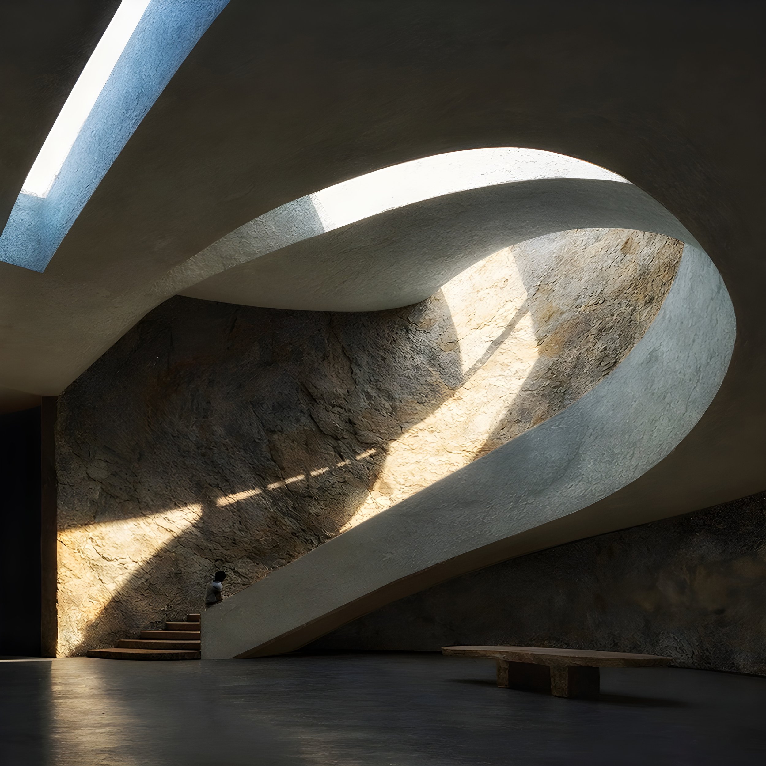 Interior view of a modern architectural structure with curved, textured walls and openings allowing sunlight to stream in, creating shadows on the floor.