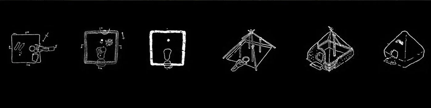 Line of six white line drawings of different types of haunted or spooky houses on a black background.
