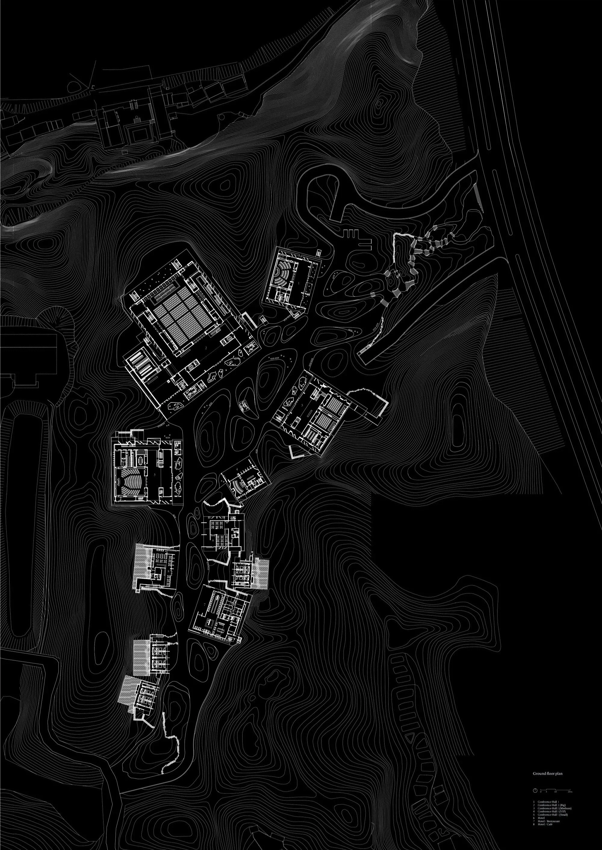Black and white topographical map of a hillside, showing building layouts, contour lines, and roads with labels indicating conference hall and hotel facilities.