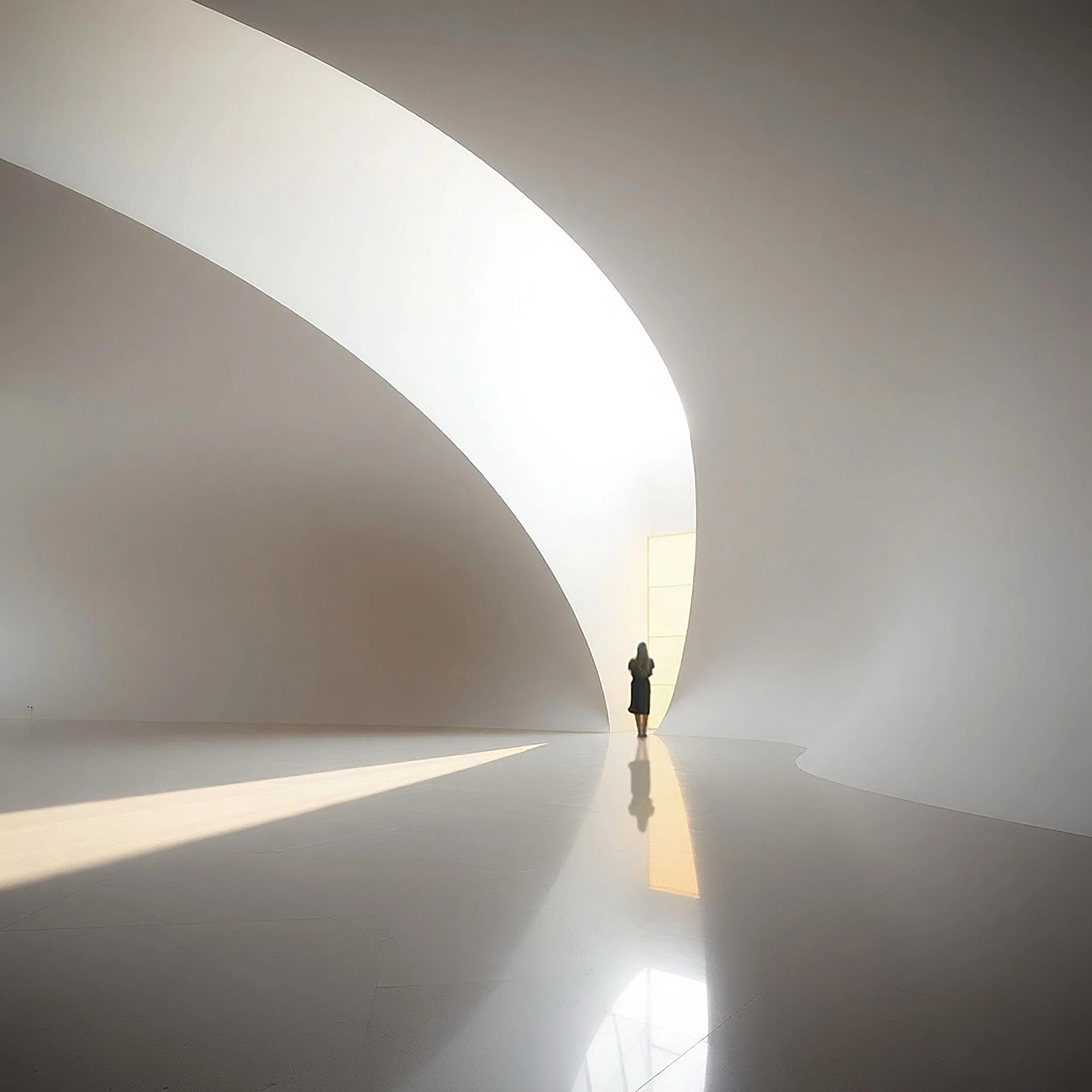 A person walking through an art gallery with white walls and ceiling. The person is walking towards the back of the gallery, with a large shadow cast on the wall.