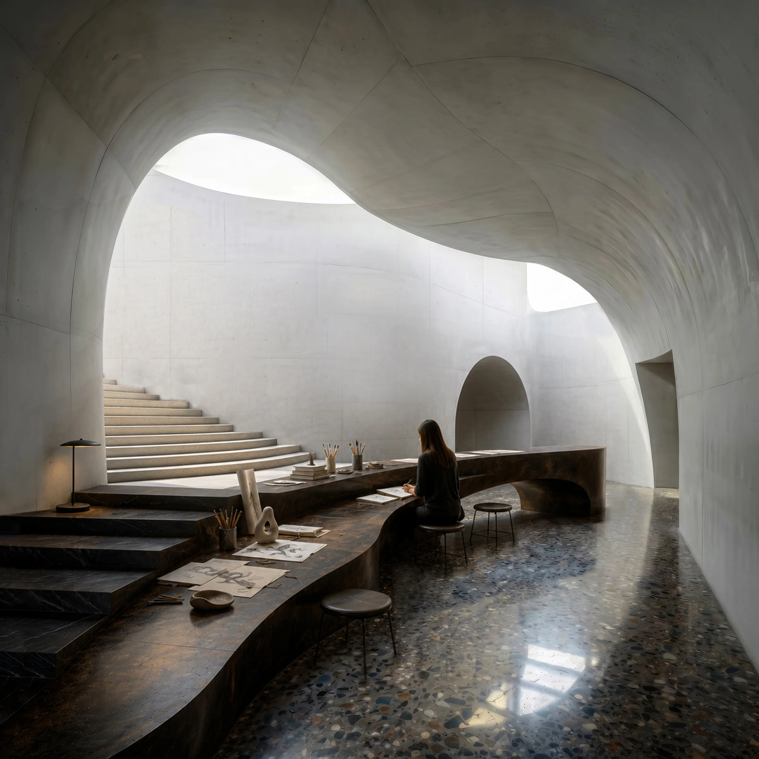 Modern indoor space with curved concrete ceiling, stairs, and a large opening letting in natural light. A woman is sitting at a dark marble counter with various papers and art supplies.