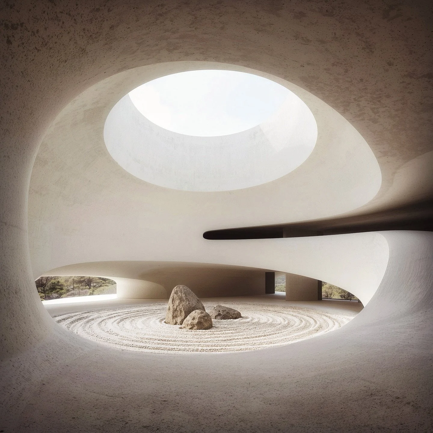 Modern architectural interior with curved white walls, a large circular skylight, and sand with stones arranged in a spiral pattern.