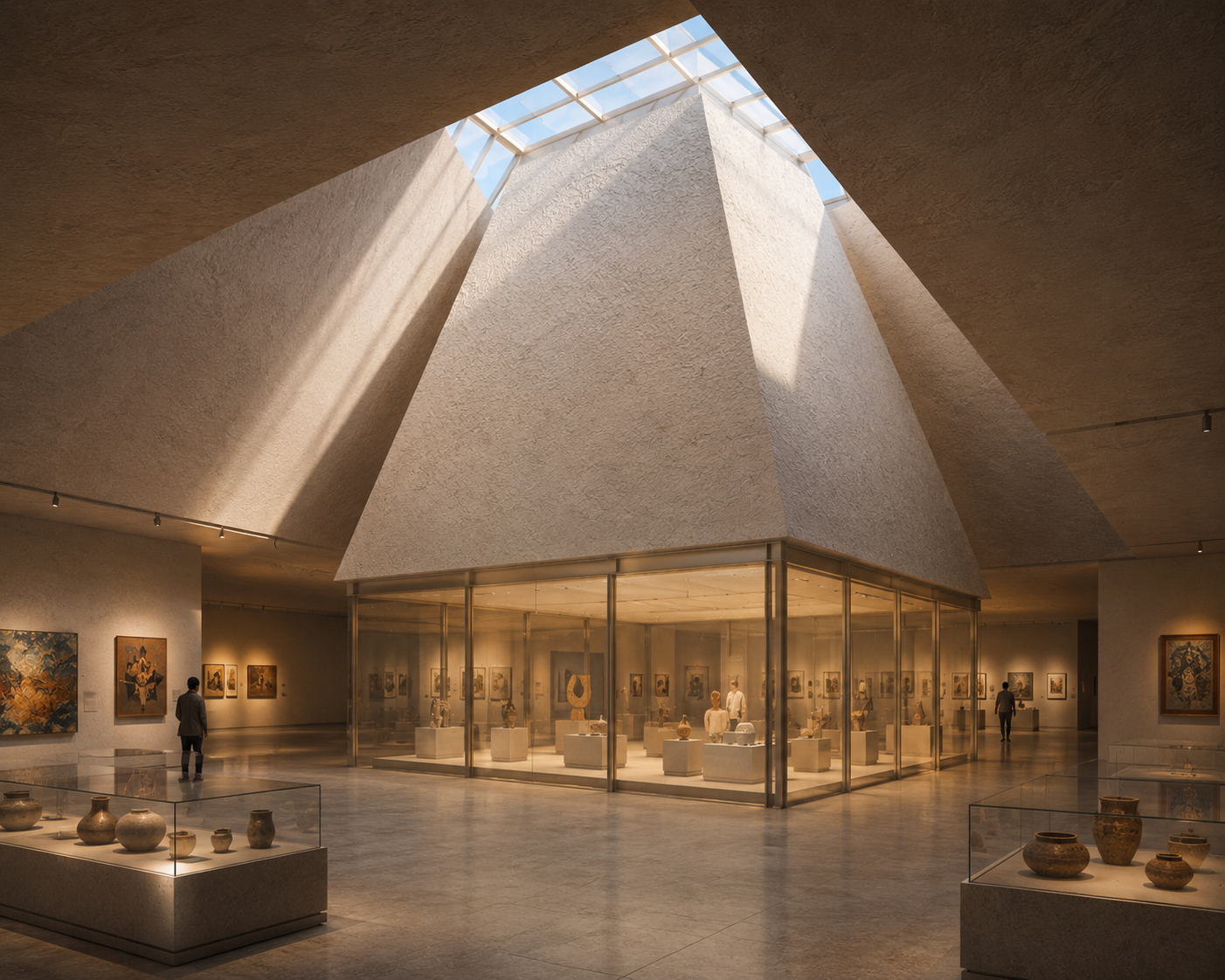 Interior of an art museum featuring sculptures and paintings, with natural light coming through a large skylight.