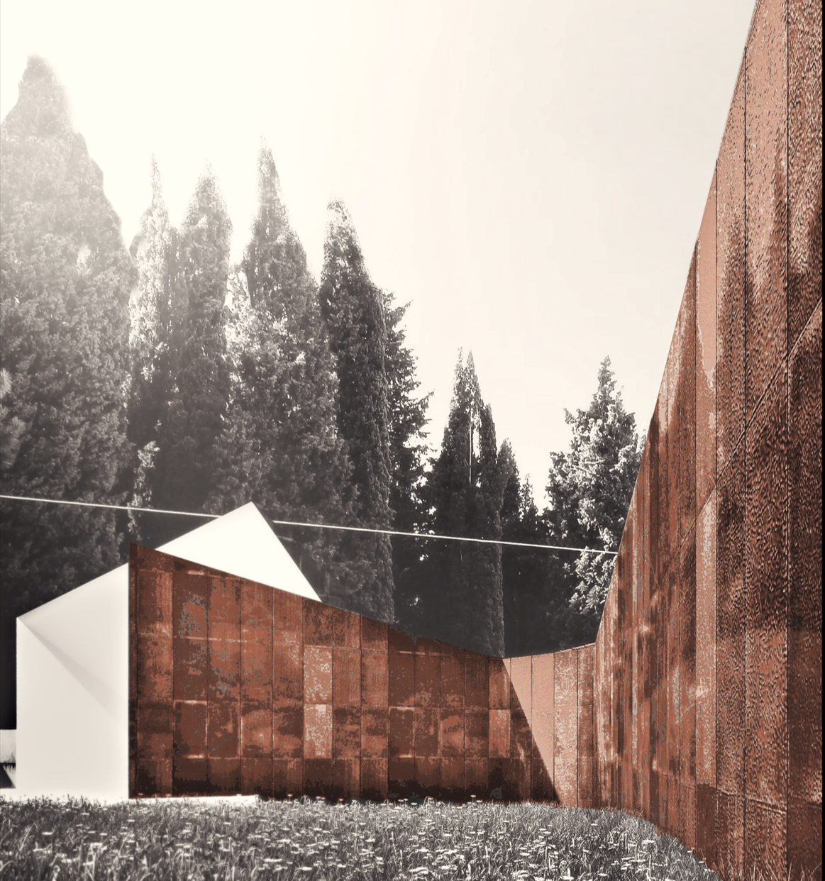 Modern architectural structure with rust-colored walls and a white roof, set against a background of tall trees and a clear sky.
