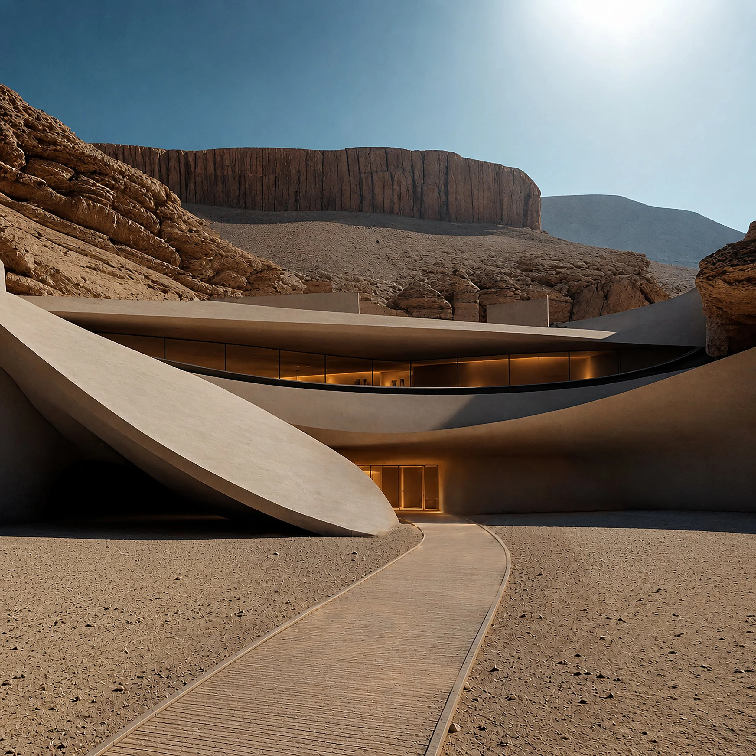 Modern building with curved white roof, large glass windows, and desert landscape with rocks and a cliff in the background under a clear blue sky.