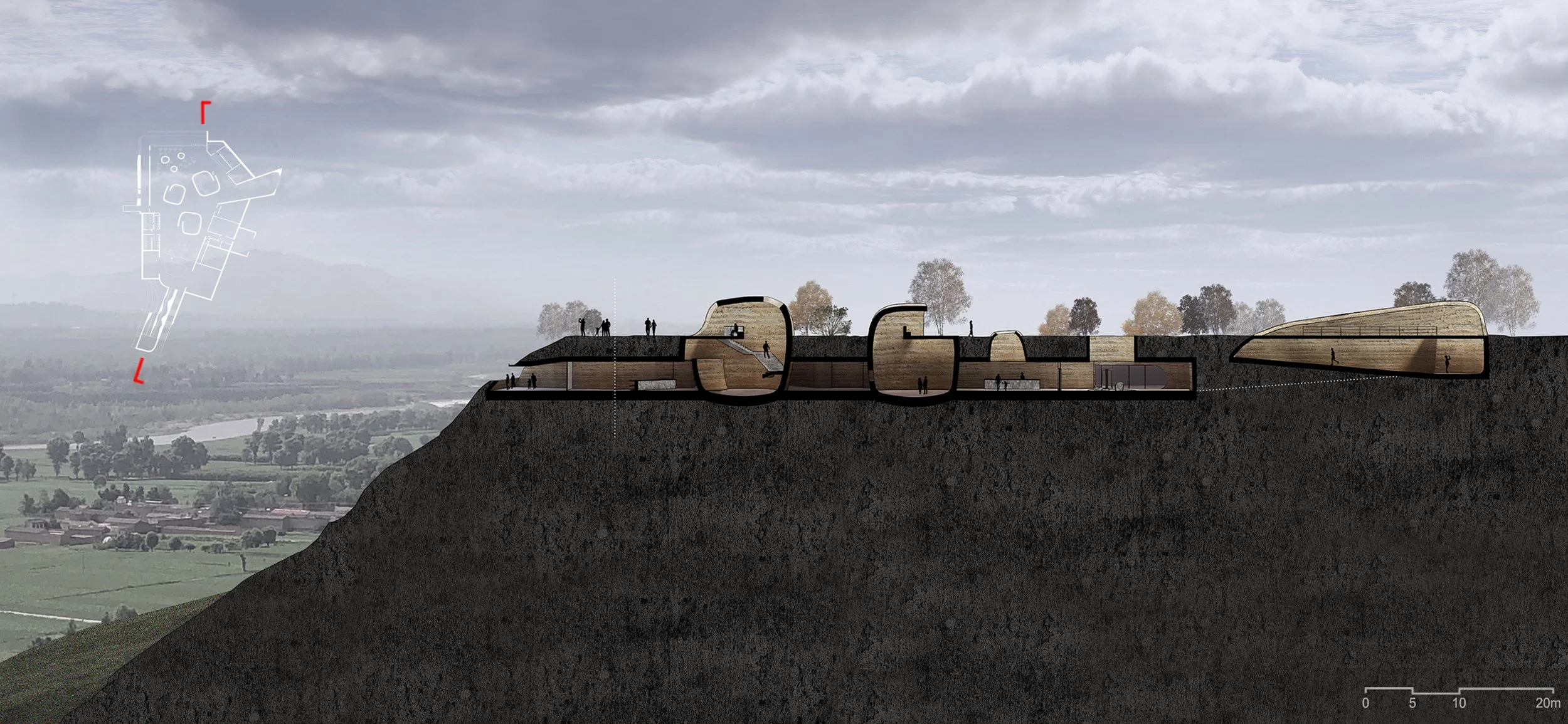 Cross-section architectural drawing of a building on a hillside showing underground and above-ground levels, with trees and sky in the background.